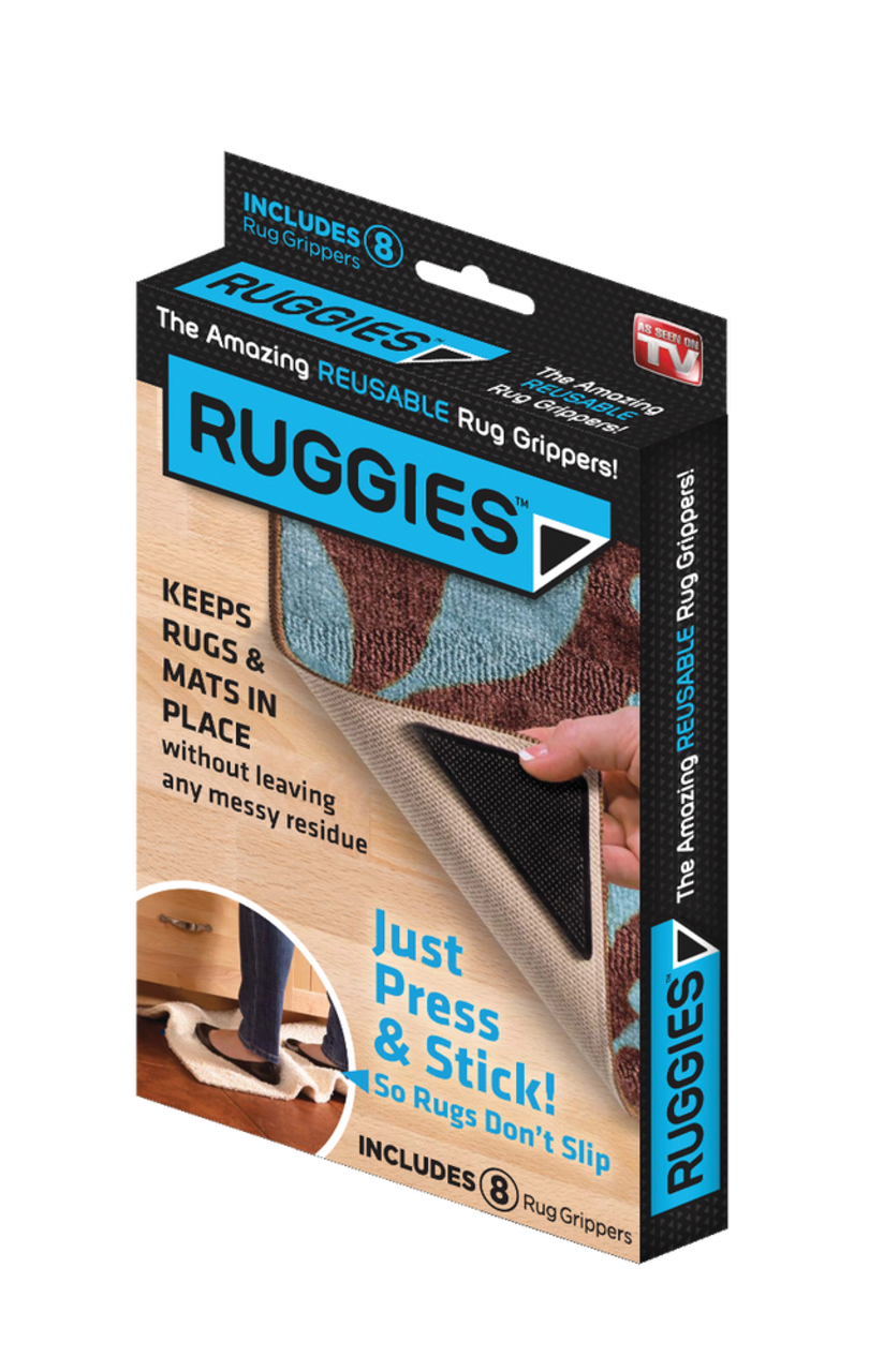 Ruggies Reusable Stick & Press Rug Carpet Grippers, Non-Slip, Anti-Curling,  Washable, 8-pk