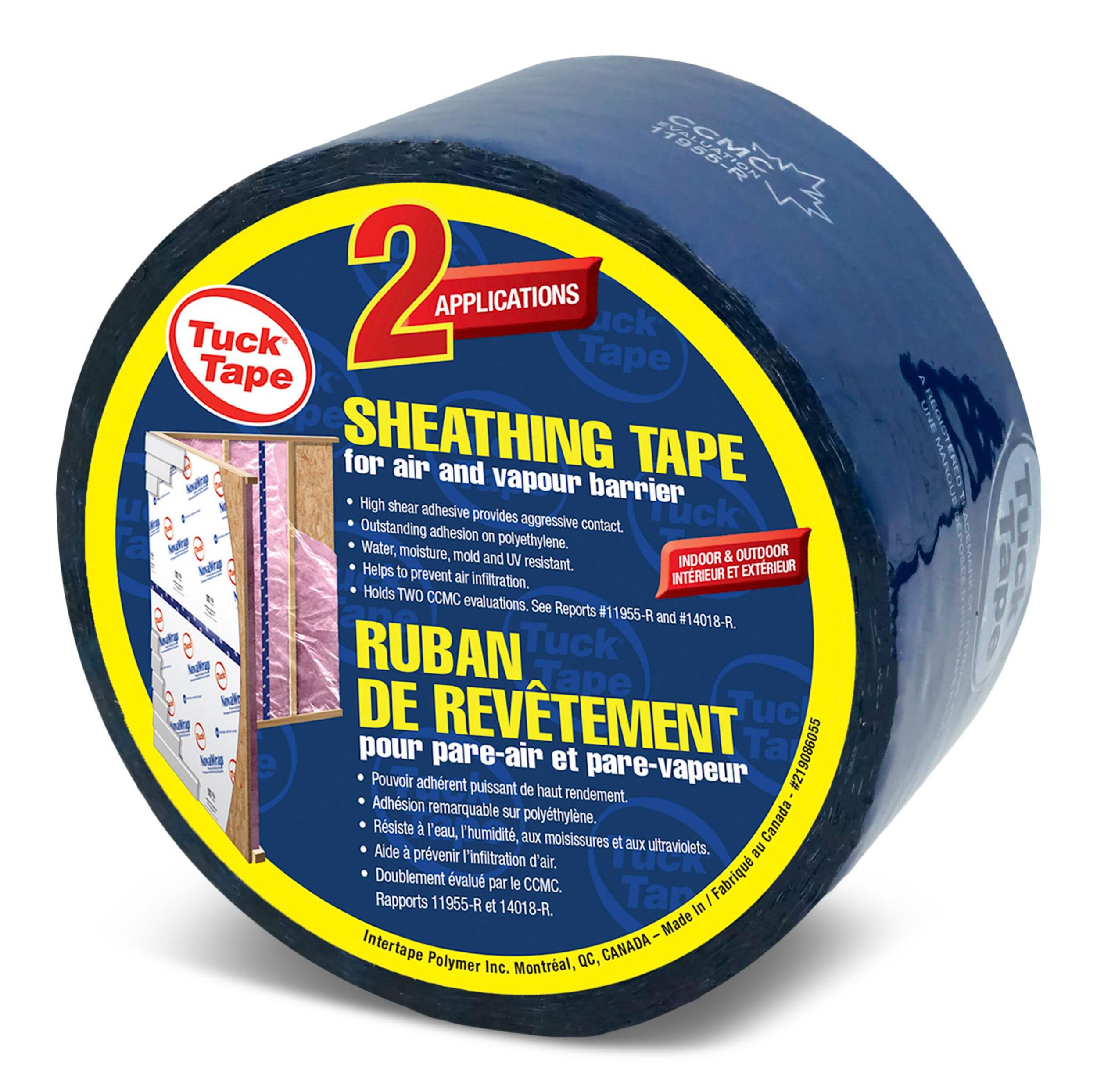 Tuck Tape Construction Sheathing Tape For PE Vapour Barrier, Water-Resistant, Blue, 60-mm x 55-m Front_Three_Fourths_Angled_Left