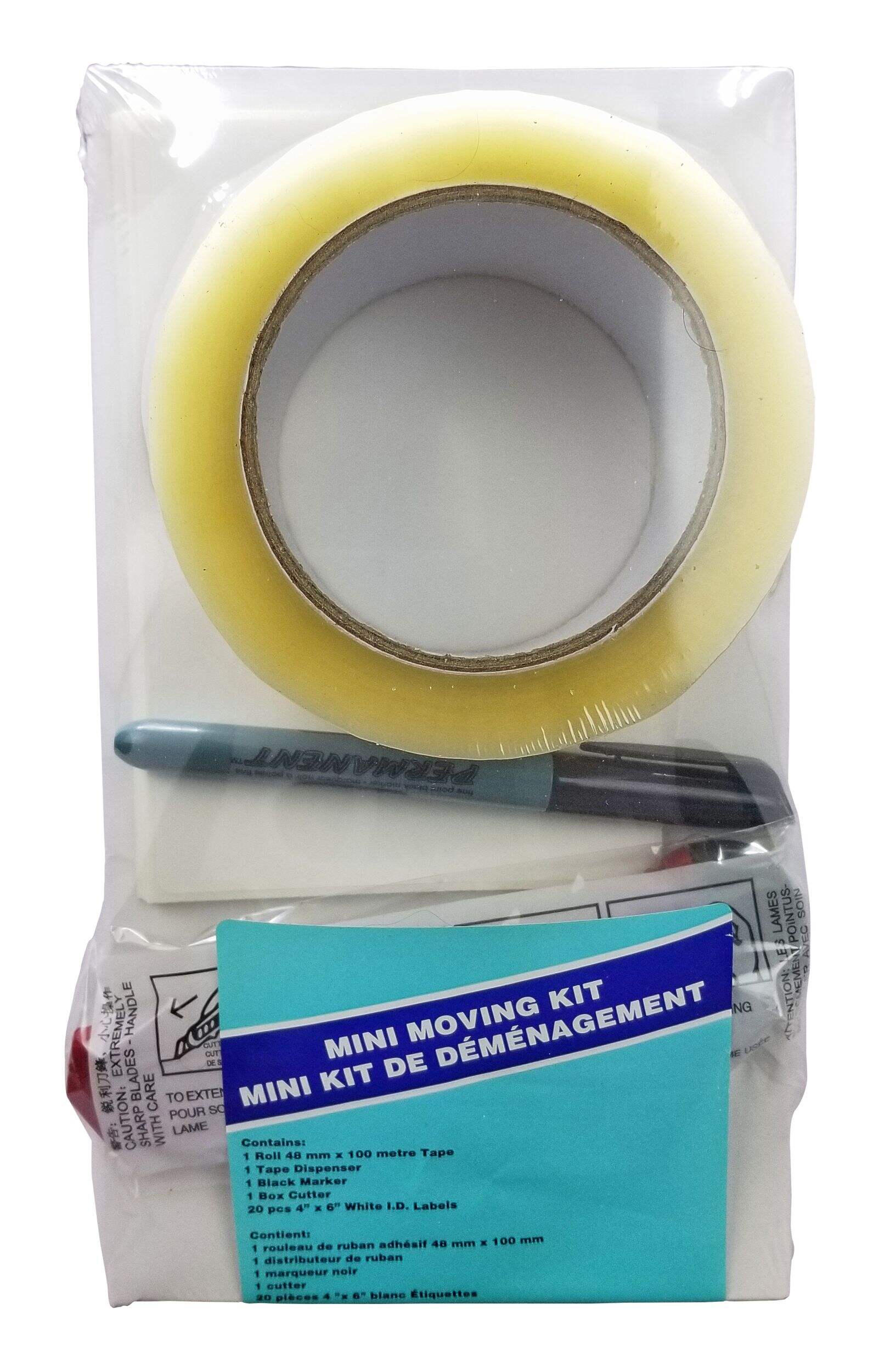 Mini trousse de déménagement contenant un couteau à lame rétractable, un marqueur, un ruban d'emballage transparent, un distributeur de ruban adhésif et des étiquettes d'identification Front_Flat