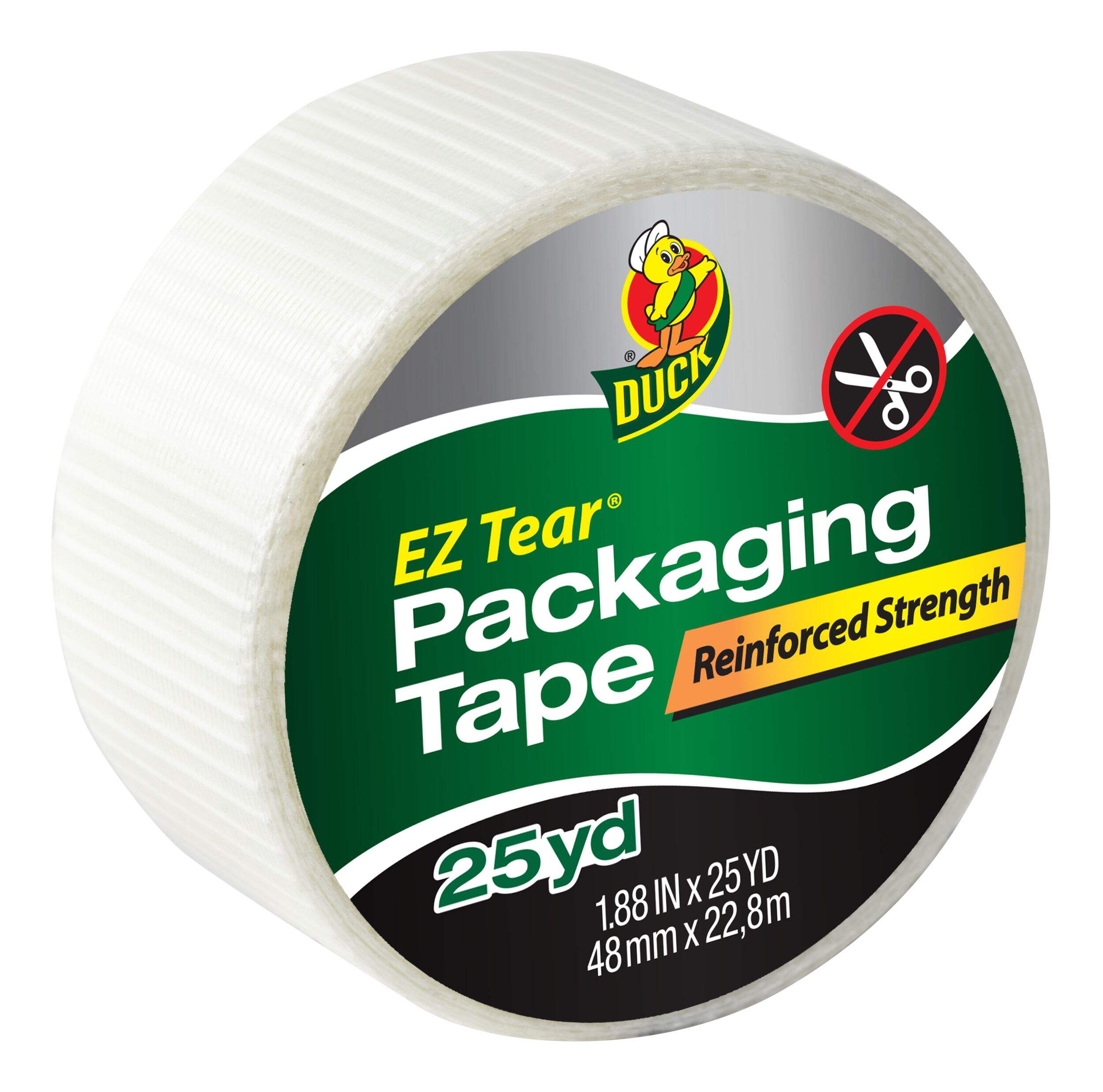 Duck EZ-Tear Packaging Tape, Reinforced Strength, No Scissors Needed, 1.88-in x 25-yd Front_Angled_Right