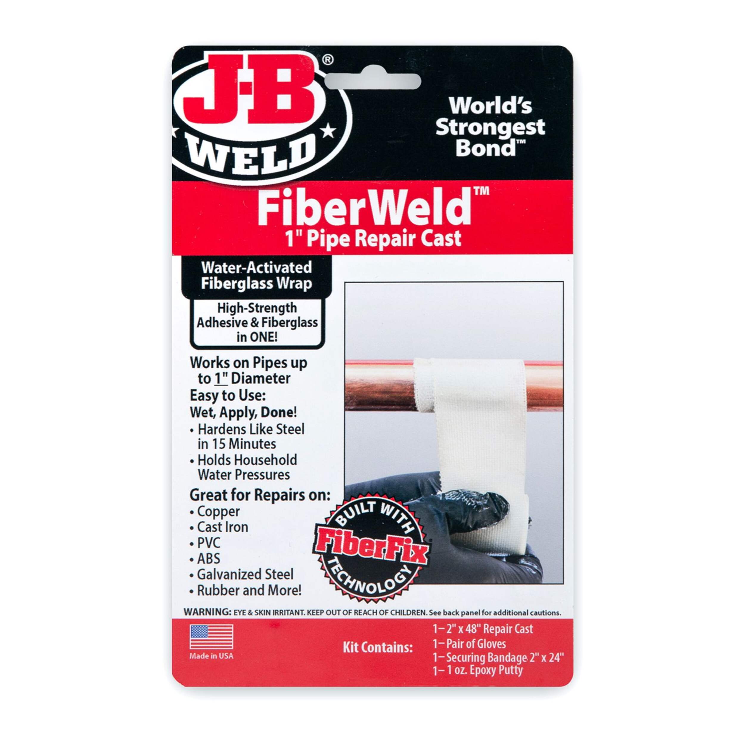 J-B Weld Fiber Weld 1-Inch Pipe Repair Cast, Water-Activated Fiberglass Wrap, 2 x 48-in Front_Flat