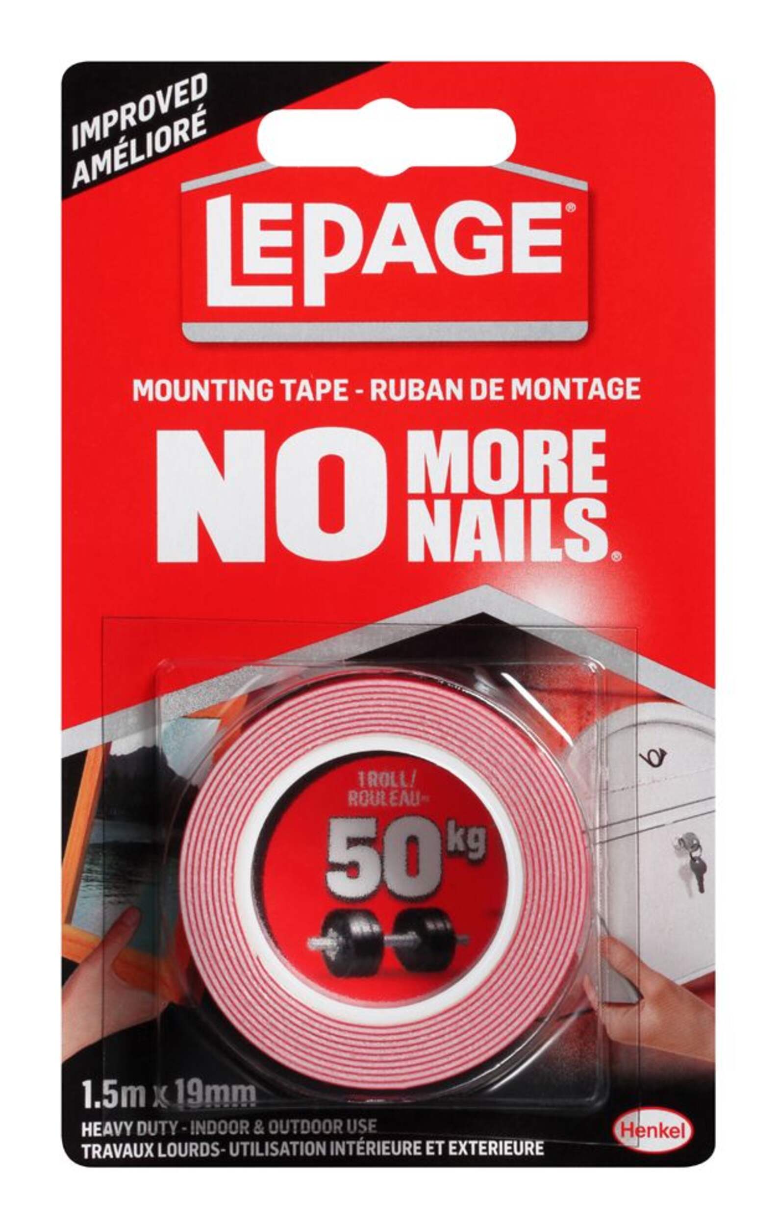 LePage No More Nails Double-Sided Heavy Duty Adhesive Mounting Tape, 1.9-cm x 1.5-m Front_Flat
