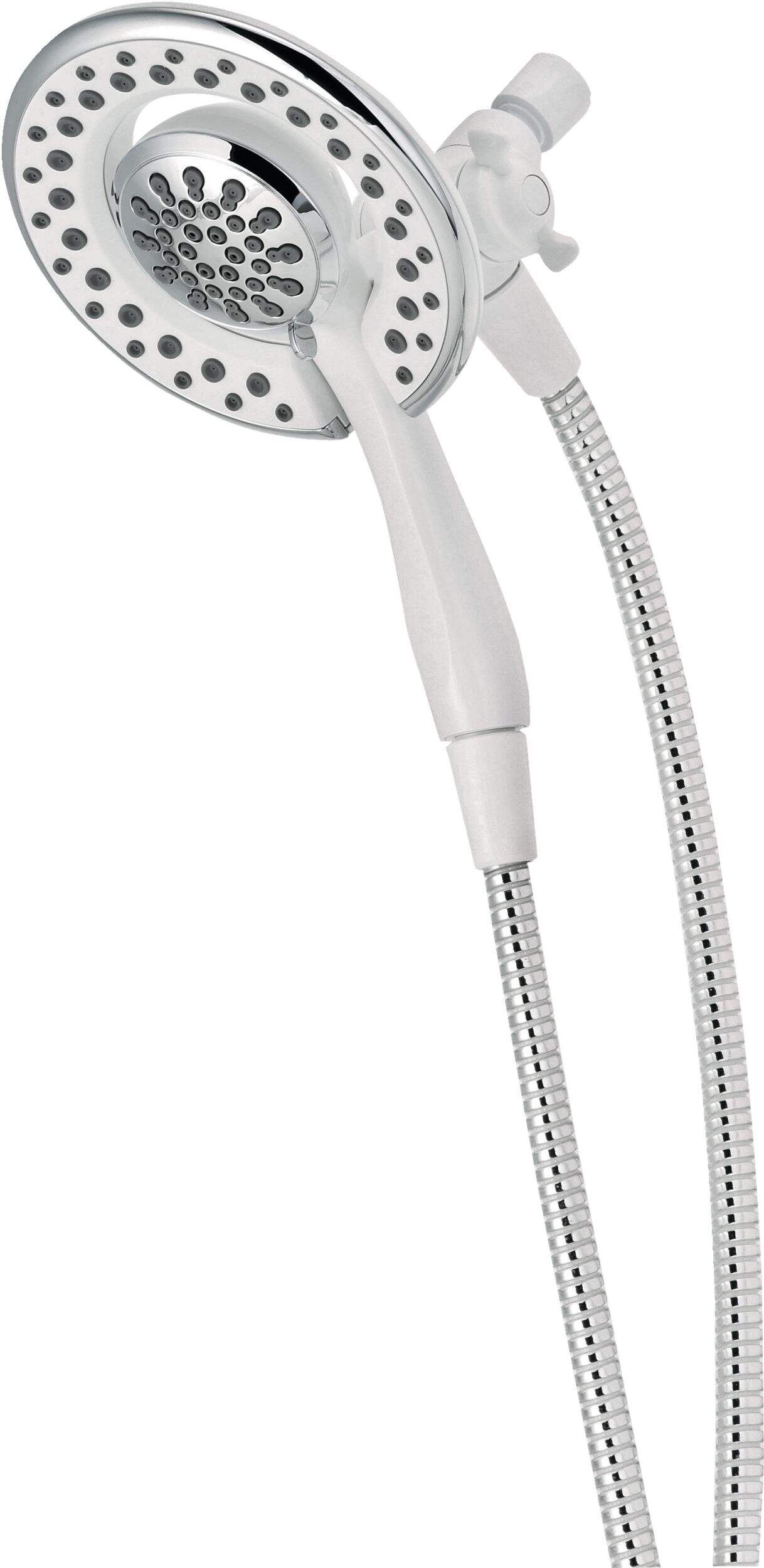 Delta In2ition® 2-in-1 4-Setting Handheld Shower Head with Stretchable Hose, Chrome/White Front_Angled_Left