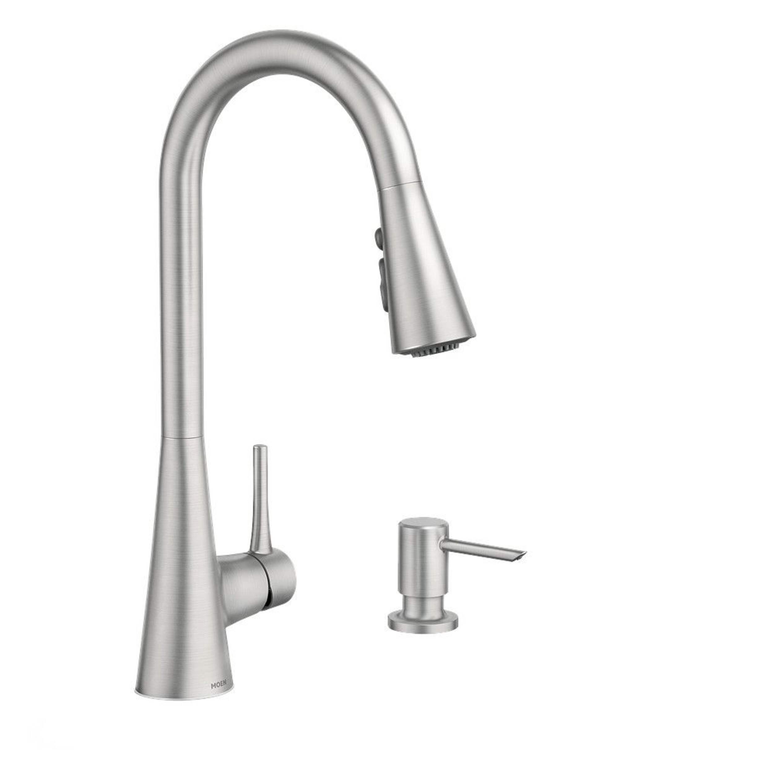 Moen® Sarai Single-Handle Pull Down Kitchen Faucet with Soap Dispenser, Stainless Steel Front_Angled_Right