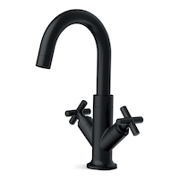 Robinet de lavabo de salle de bains central Danze Ellison à double poignée et à tirette de vidage, 8 po, noir Front_Three_Fourths_Angled_Left