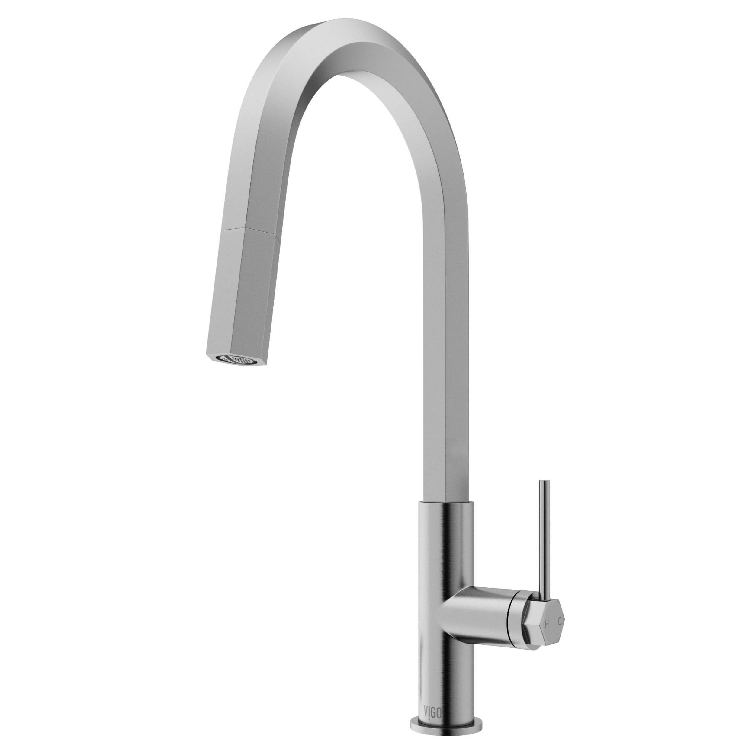 VIGO Hart Hexad Pull-Down Kitchen Faucet, Stainless Steel Front_Three_Fourths_Angled_Left