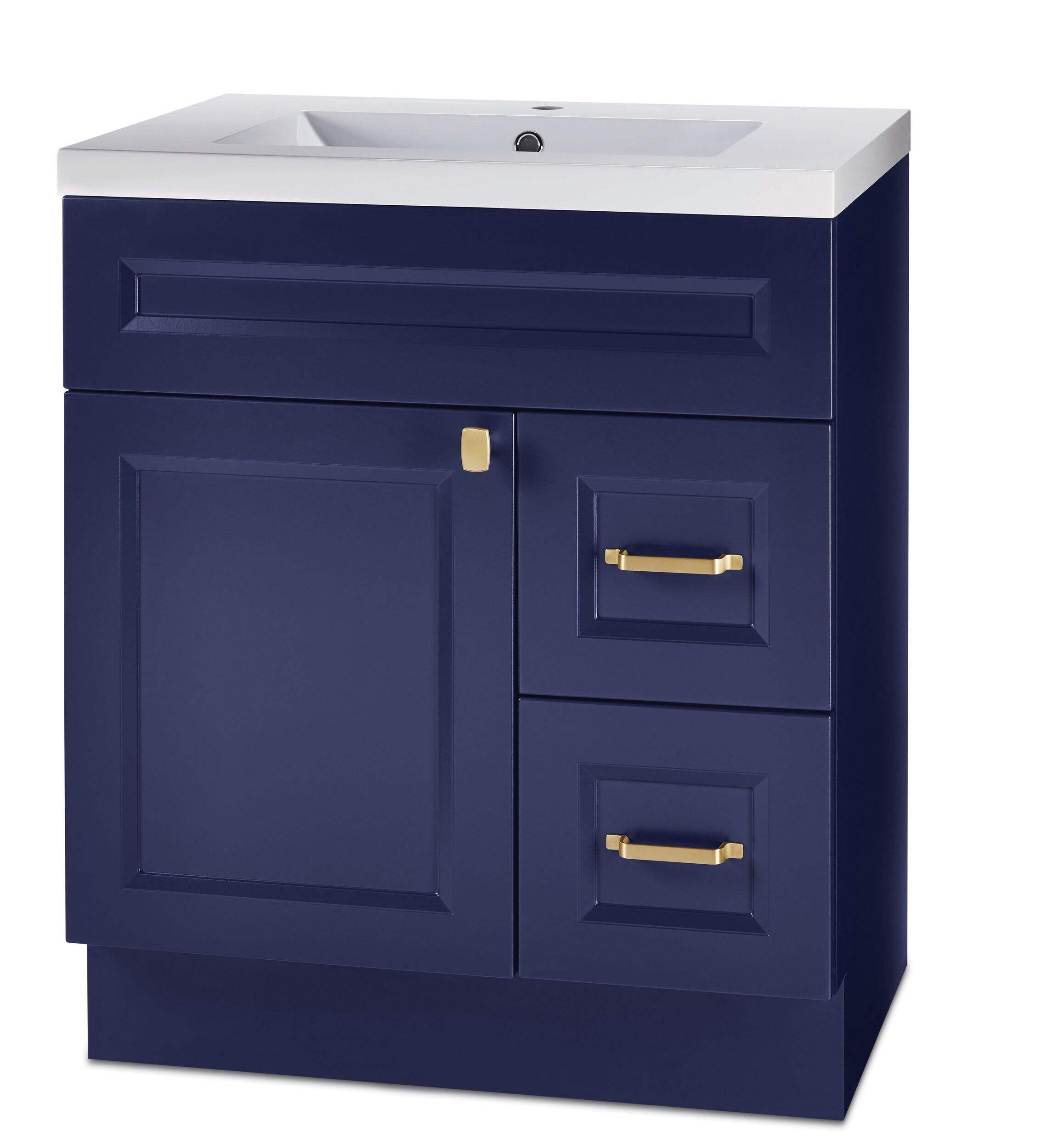 Canvas Langford Single Door Single Sink Marble Top Bathroom Vanity with Two Drawers, Navy, 30-in Front_Angled_Left