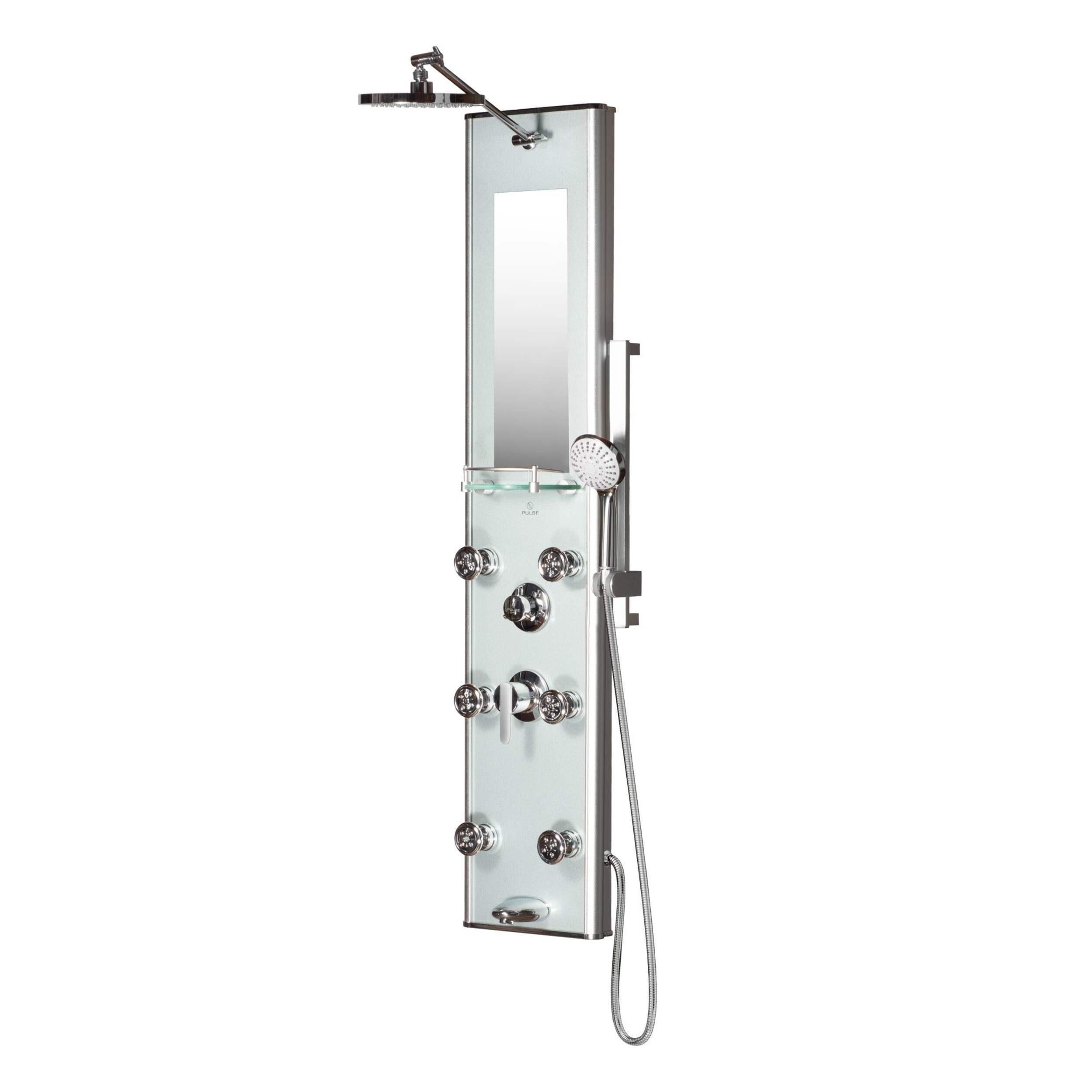 PULSE ShowerSpas Kihei II6-Spray Jet Shower Panel Sytem with Mirror, Silver Front_Angled_Left