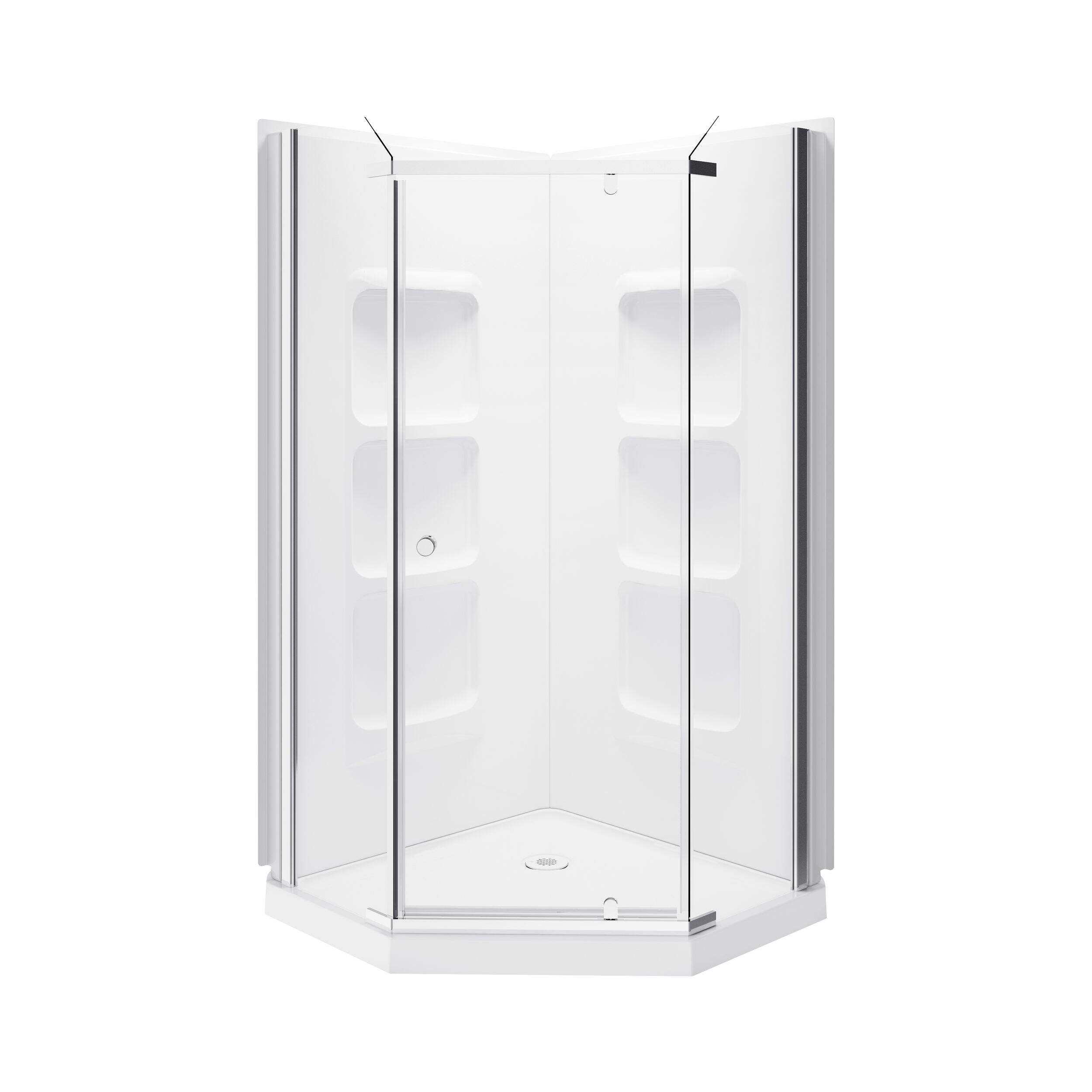 A&E Bath Rose Frameless Acrylic Base & Walls Shower Enclosure Kit with Pivoting Door & Shelves, White Front_Flat