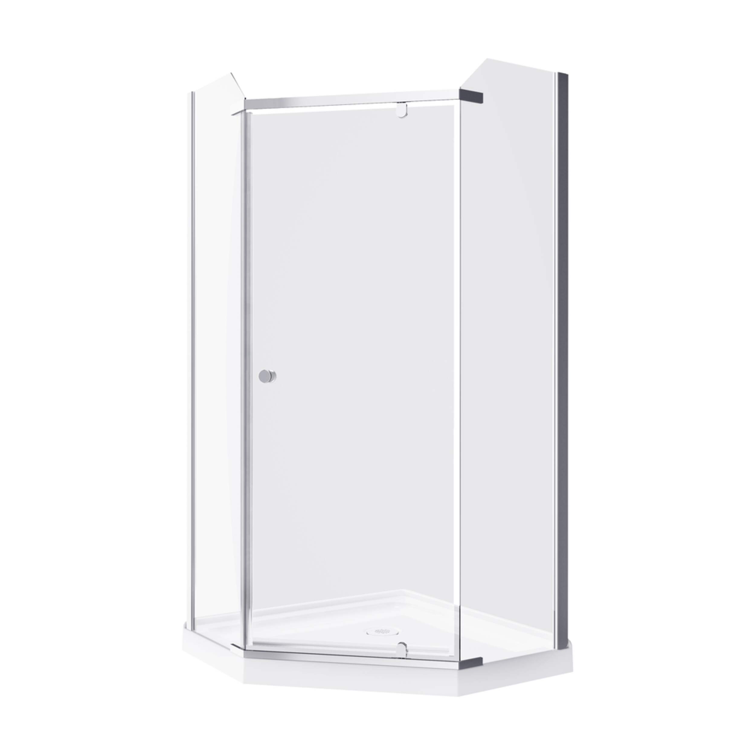 A&E Bath Rose Frameless Acrylic Base Without Walls Shower Enclosure Kit with Pivoting Door, Chrome Front_Three_Fourths_Angled_Left