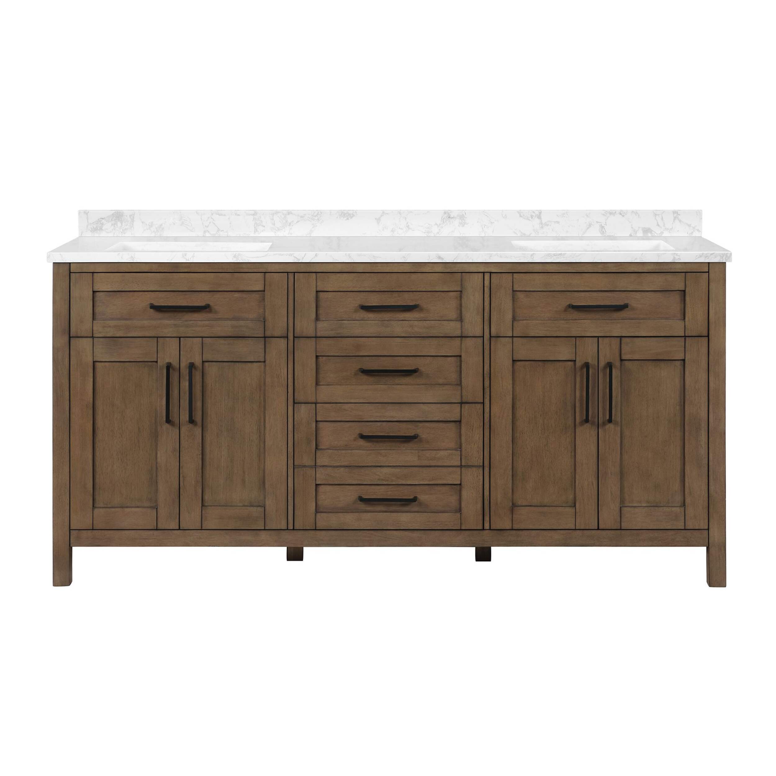 OVE Decors Tahoe Duo Double Door Double Sink Marble Top Bathroom Vanity with 5 Drawers, Almond Latte, 72-in Front_Elevated