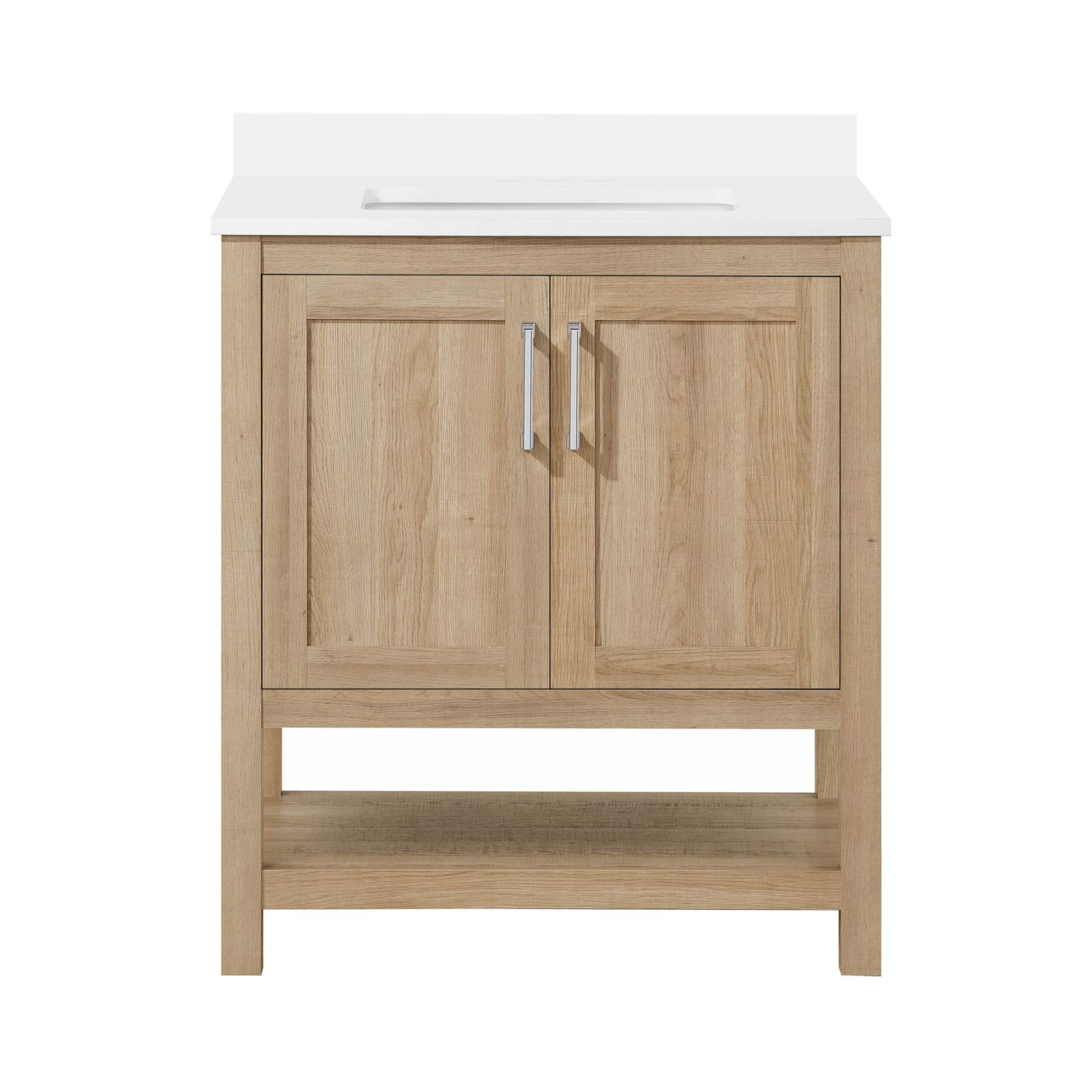 OVE Decors Vegas Transitional Double Door Single Sink Ceramic Top Bathroom Vanity with Open Shelf, White Oak, 30-in Front_Elevated