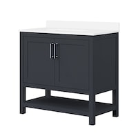 OVE Decors Vegas Transitional Double Door Single Sink Ceramic Top Bathroom Vanity with Open Shelf, Dark Charcoal, 36-in Front_Angled_Left