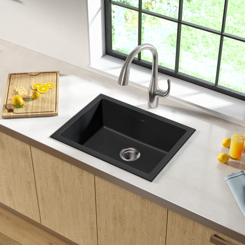 Kraus Quarza Top/Undermount Granite Single Bowl Kitchen Sink, Black ...