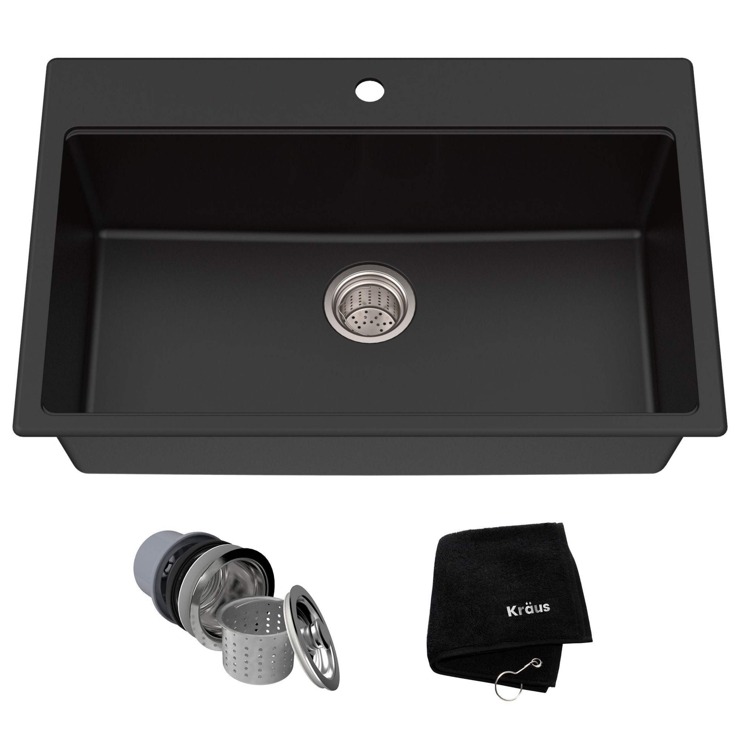 Kraus Quarza Top/Undermount Granite Single Bowl Kitchen Sink, Black Onyx, 31x20x9-in Composite_or_Mixed