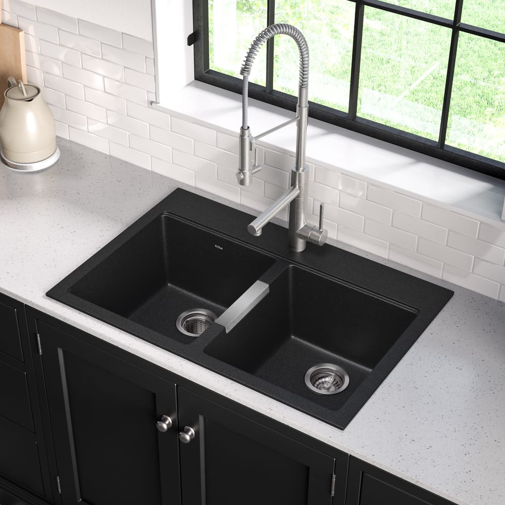 Kraus Quarza Undermount Granite Double Bowl Kitchen Sink, Black Onyx ...