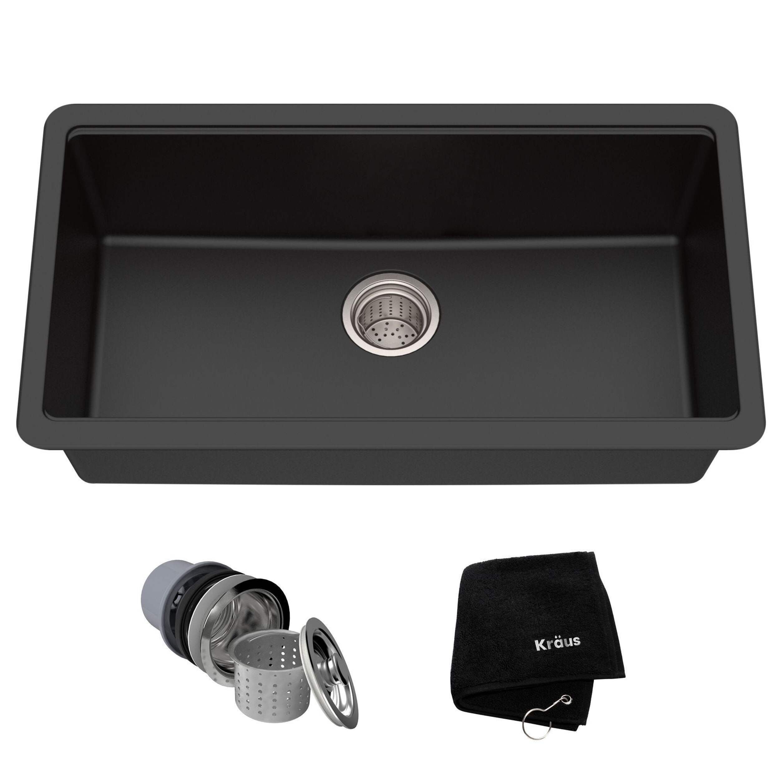 Kraus Quarza Undermount Granite Single Bowl Kitchen Sink, Black Onyx, 31x17x9-in Composite_or_Mixed