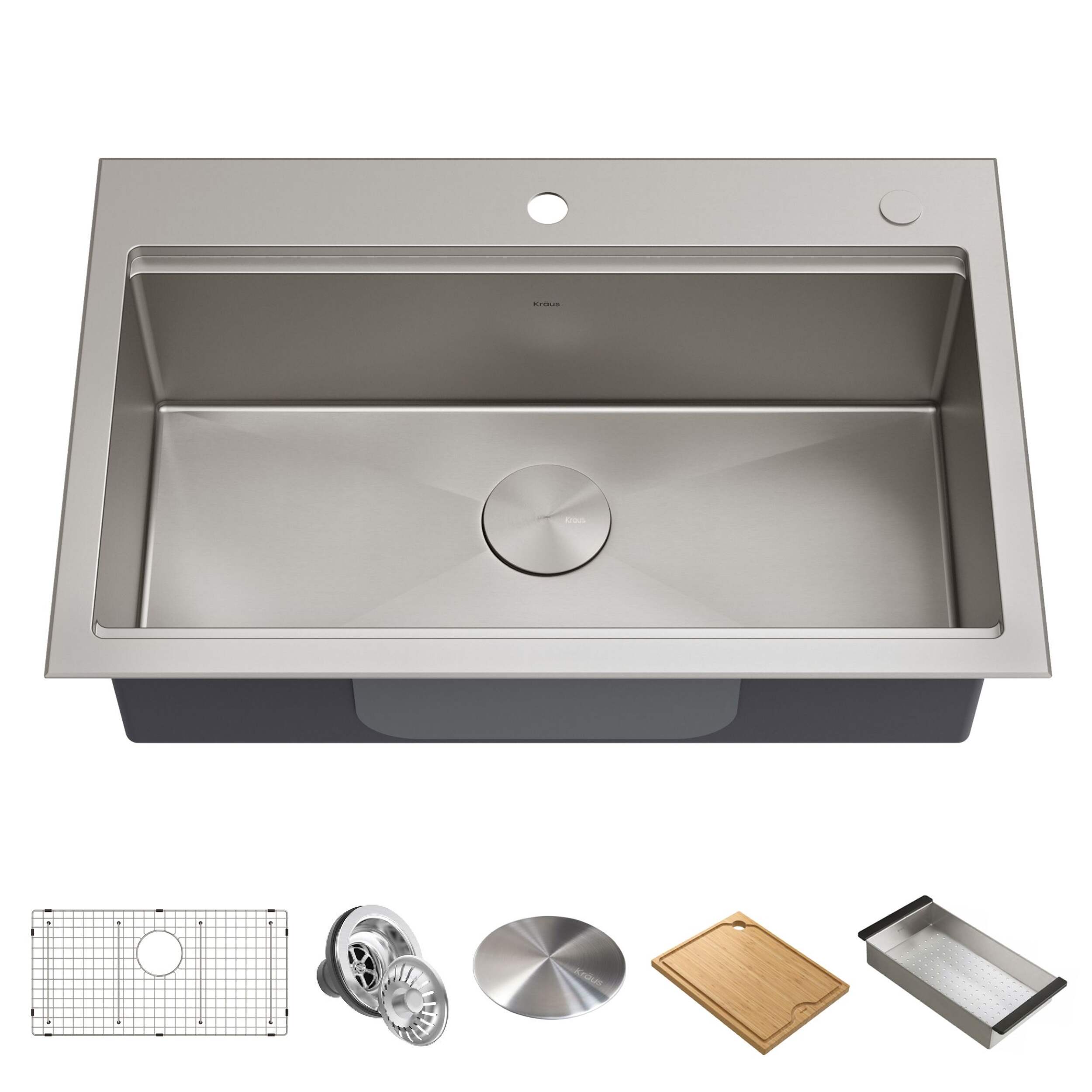 Kraus Kore™ Top/Undermount Stainless Steel Single Bowl Kitchen Sink with Add-Ons, 32x21x9-in Composite_or_Mixed