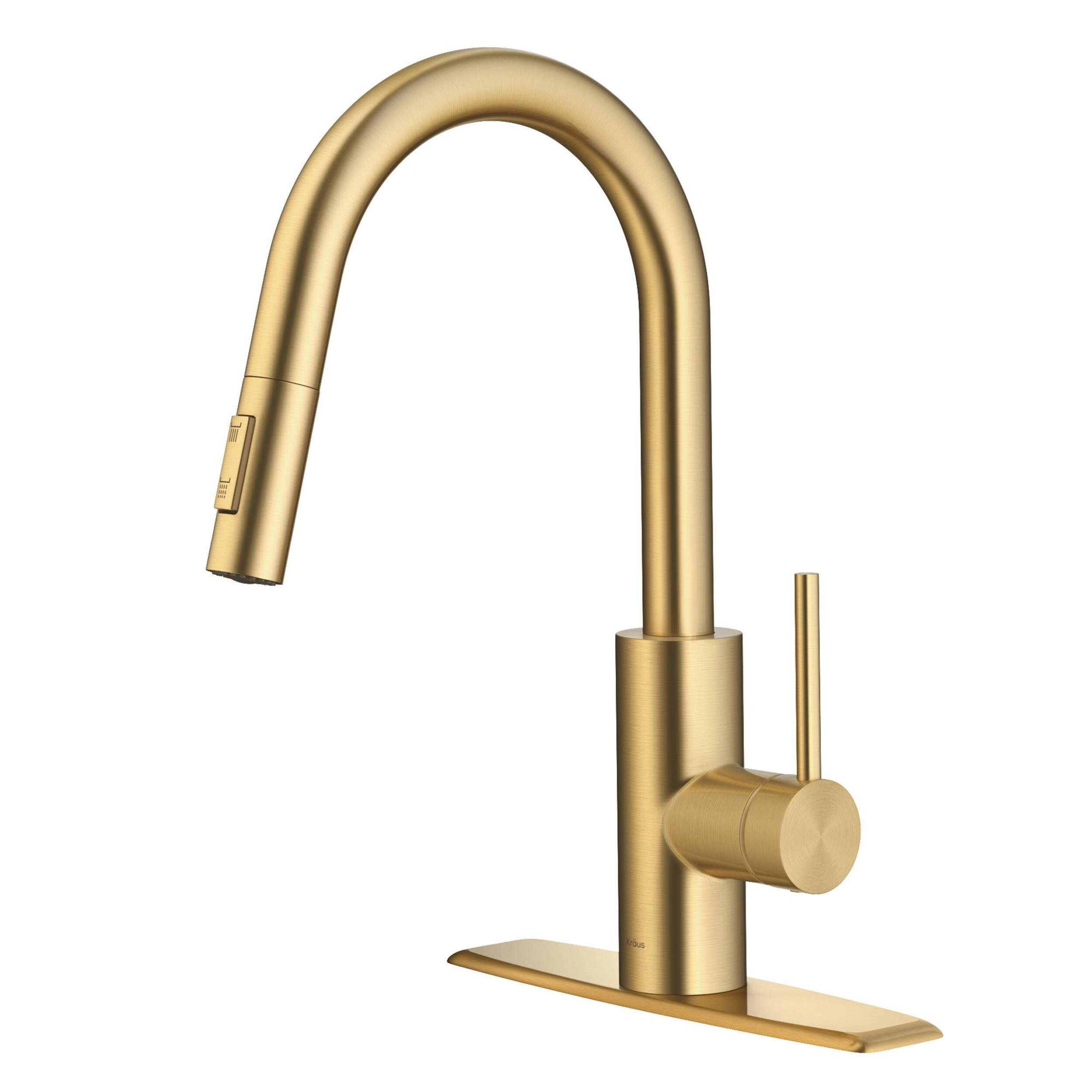 Kraus Oletto Single Handle High Arc Pull Down Kitchen Faucet, Brushed Brass Front_Three_Fourths_Angled_Left