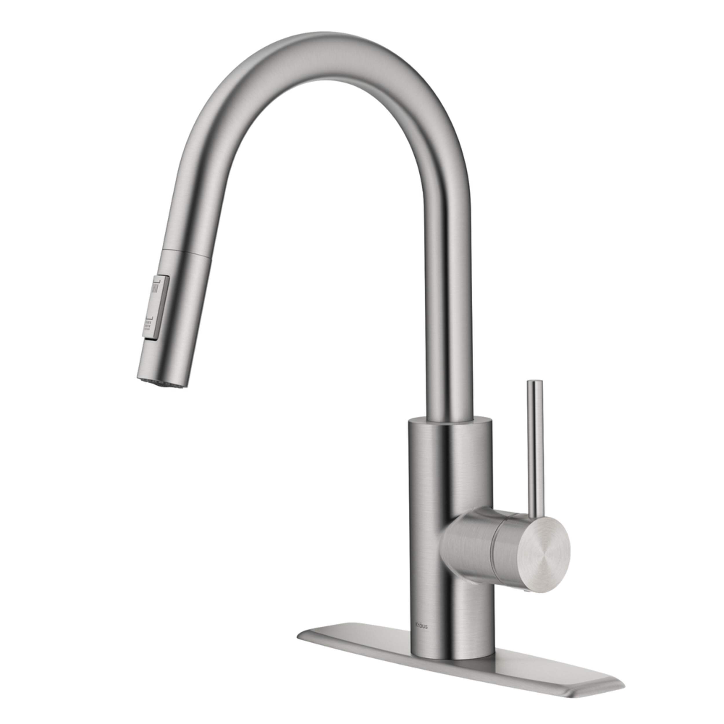 Kraus Oletto Single Handle High Arc Pull Down Kitchen Faucet, Stainless Steel Front_Three_Fourths_Angled_Left
