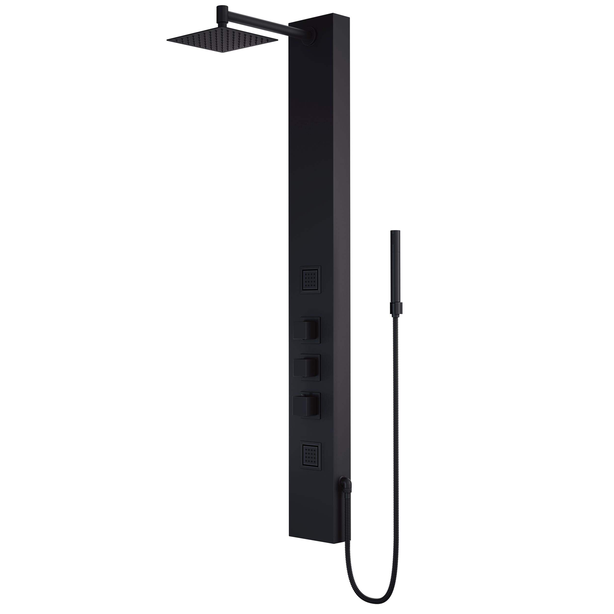VIGO Kingsley 2-Spray Jet Dual Control High Pressure Massage Shower Panel System with Fixed Rain & Handheld Shower Head, Matte Black Front_Three_Fourths_Angled_Left