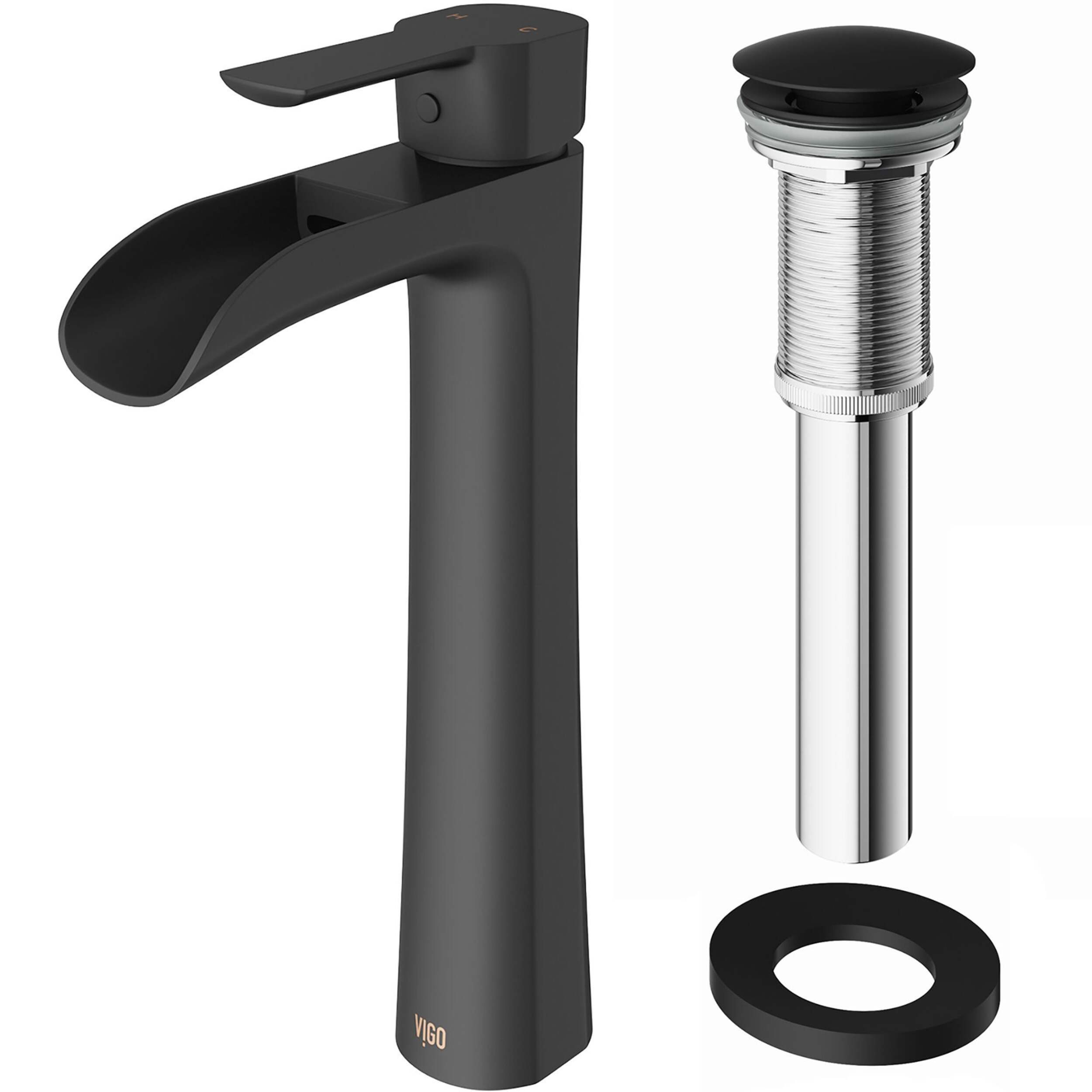 VIGO Niko Single Handle Vessel Sink Bathroom Faucet with Pop-Up Drain, Matte Black Front_Angled_Left