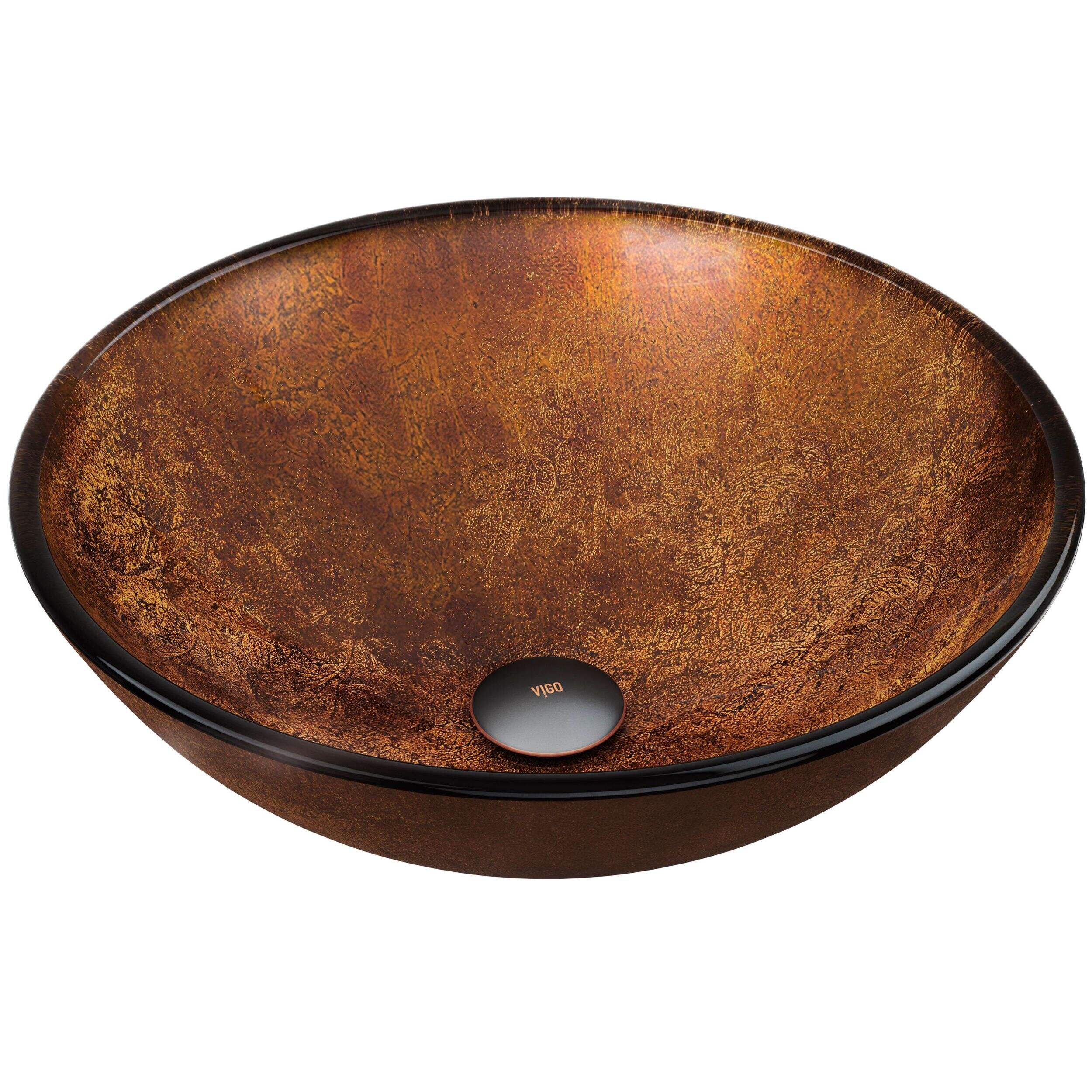 VIGO Round Glass Vessel Bathroom Sink/Basin with Deep Bowl, Russet Overhead_Plunge