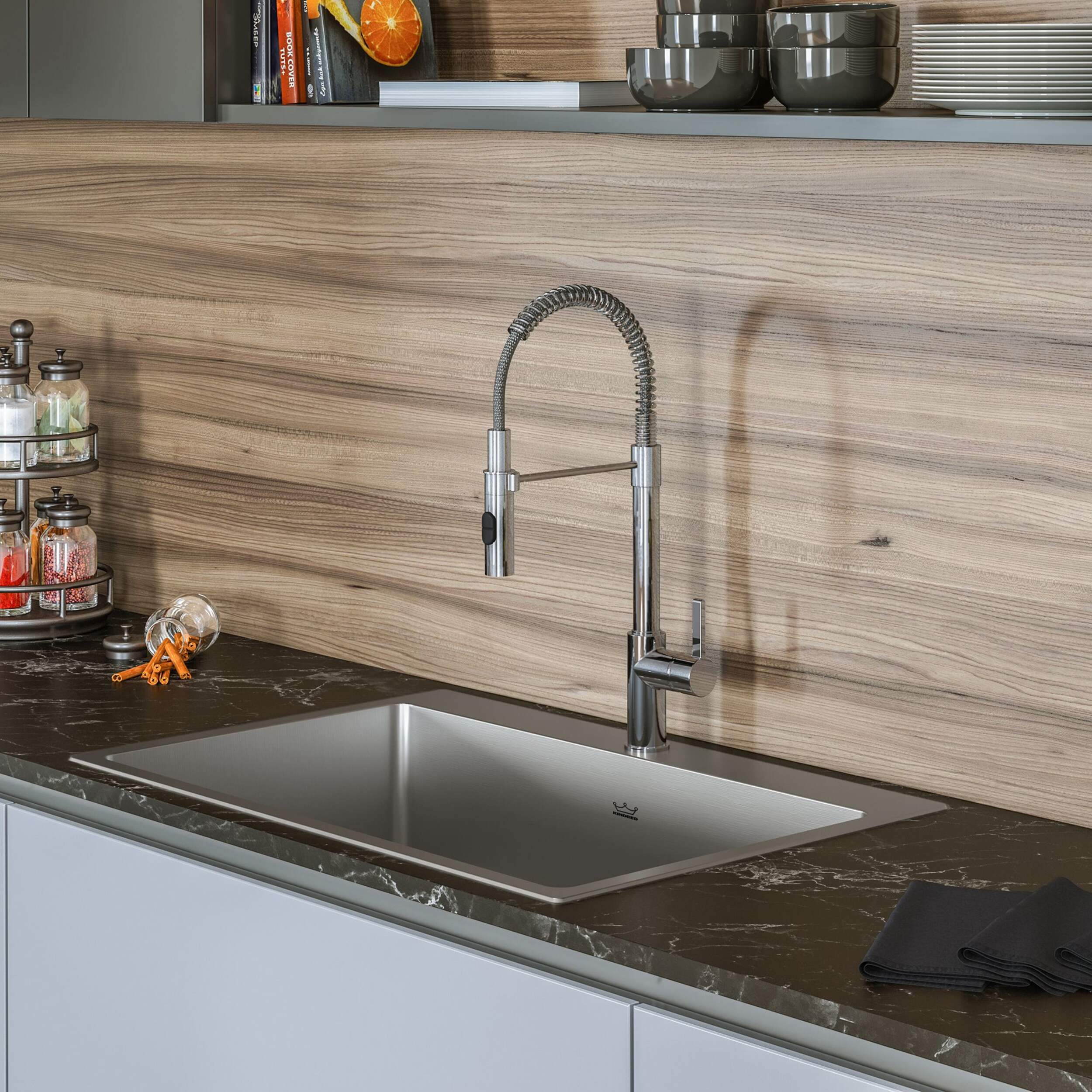 Kindred Brookmore Drop In Single Bowl 1-Hole Kitchen Sink, 30.8-in x 20.9-in x 9-in, Stainless Steel Overhead_Plunge