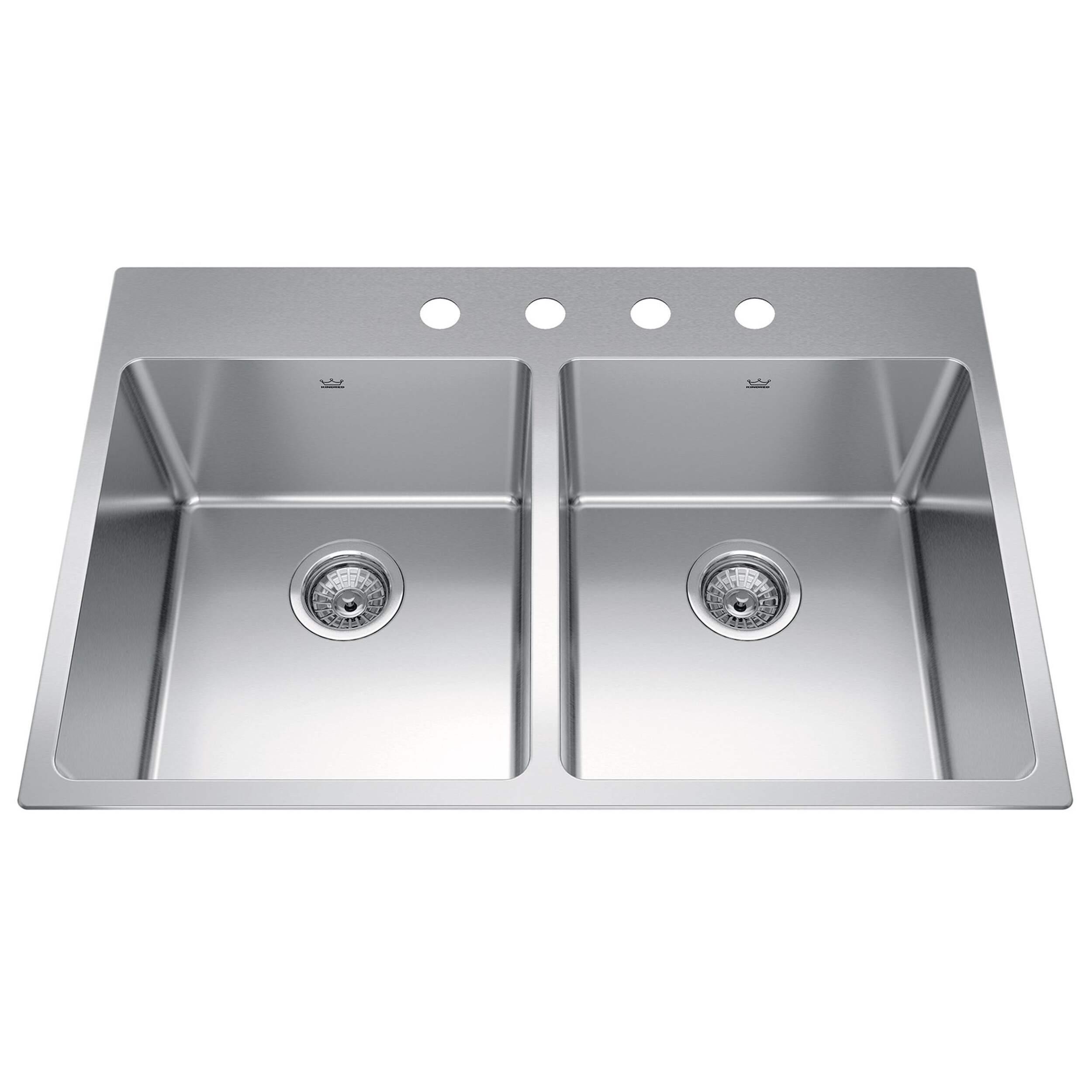 Kindred Brookmore Drop In Double Bowl 4-Hole Kitchen Sink, 32.8-in x 22-in x 9-in, Stainless Steel Overhead_Plunge