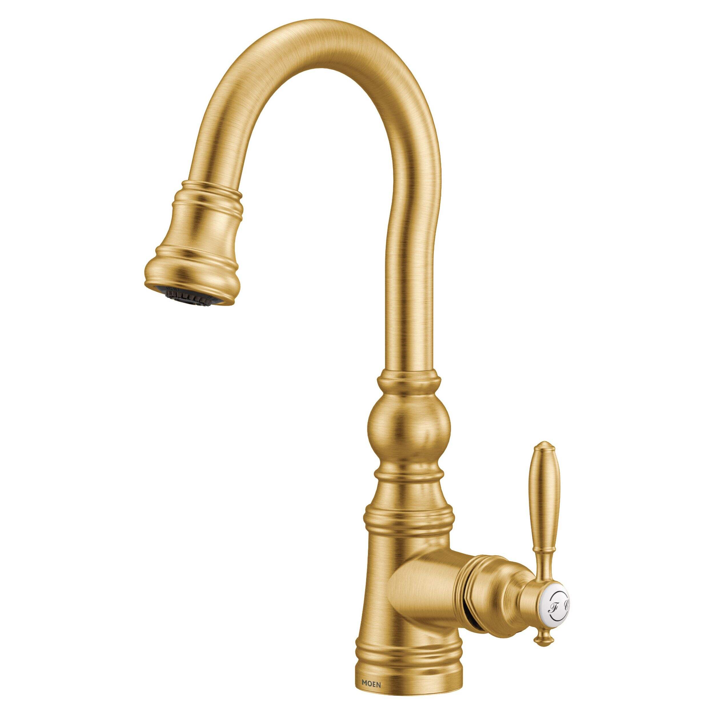 Moen® Weymouth Single Handle High Arc Pull Down Sprayer Kitchen Faucet with Power Clean, Brushed Gold Front_Three_Fourths_Angled_Left