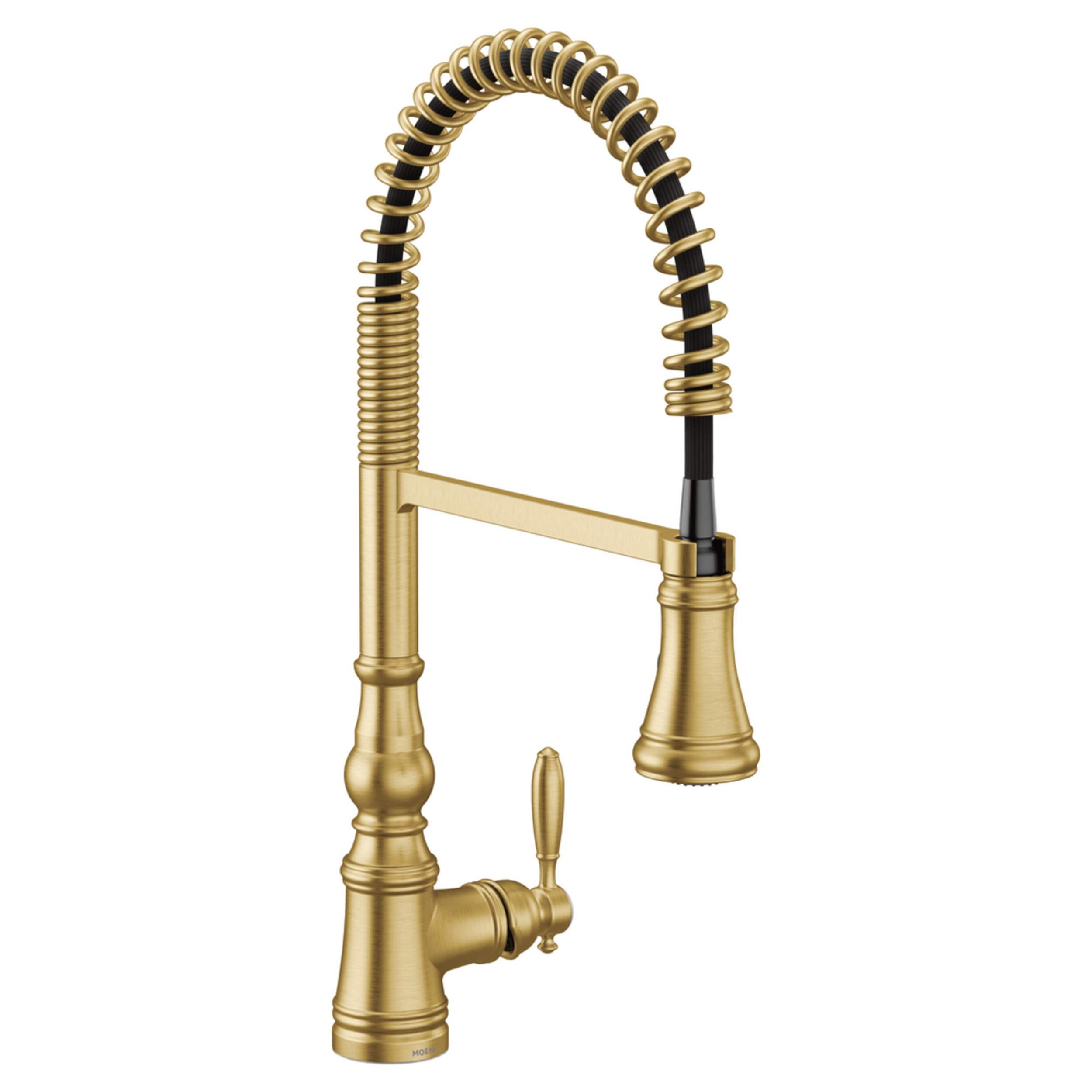 Moen® Weymouth Single Handle Pre-Rinse Spring Pull Down Sprayer Kitchen Faucet with Power Boost, Brushed Gold Front_Three_Fourths_Angled_Right