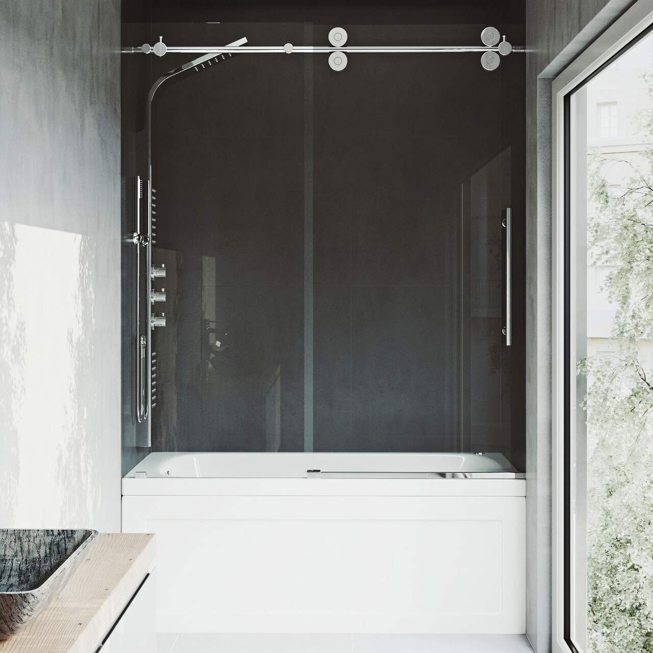 VIGO Elan Frameless Adjustable Sliding Bathtub Door with Clear Glass,  Chrome, 60x66-in