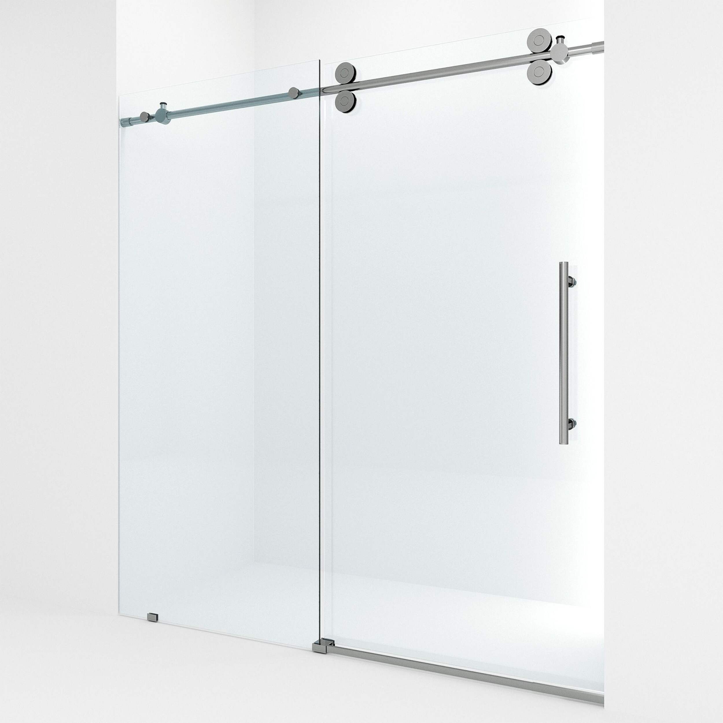 VIGO Elan Frameless Adjustable Sliding Shower Door with Clear Glass, Chrome, 68x74-in Front_Angled_Left
