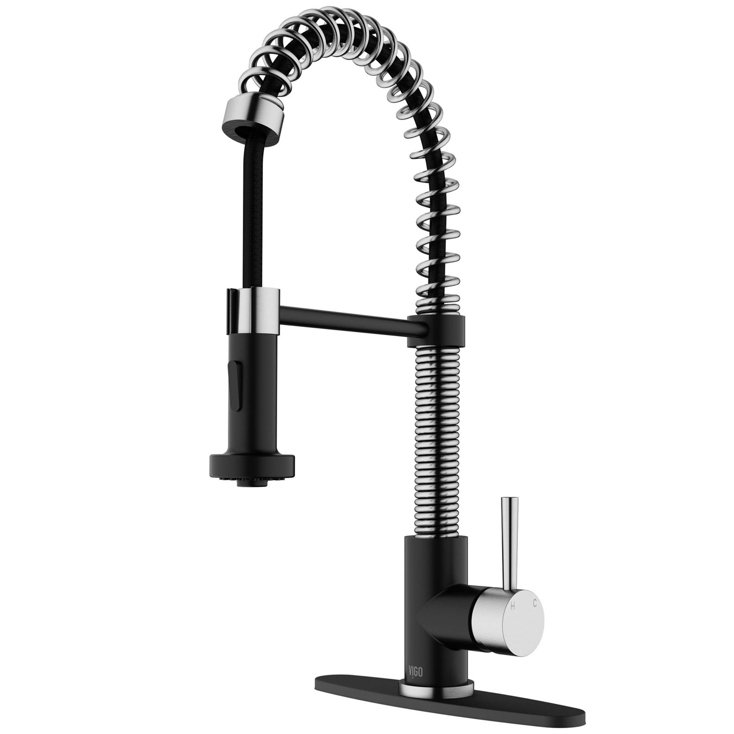 VIGO Edison Single Handle Pull Down Sprayer Kitchen Faucet with Deck Plate, Stainless/Matte Black Front_Three_Fourths_Angled_Left