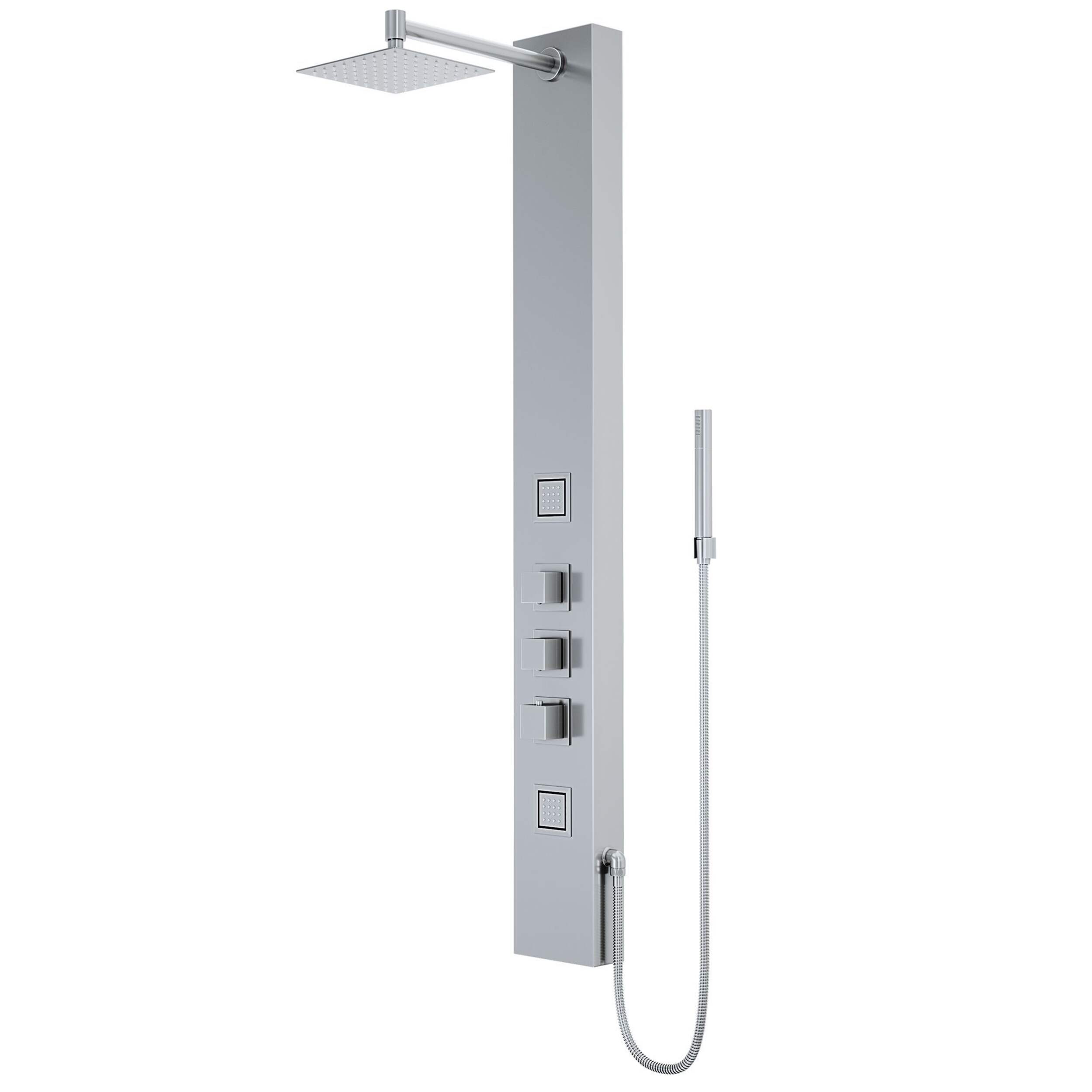 VIGO Kingsley 2-Spray Jet Dual Control High Pressure Massage Shower Panel System with Fixed Rain & Handheld Shower Head, Stainless Steel Front_Angled_Left