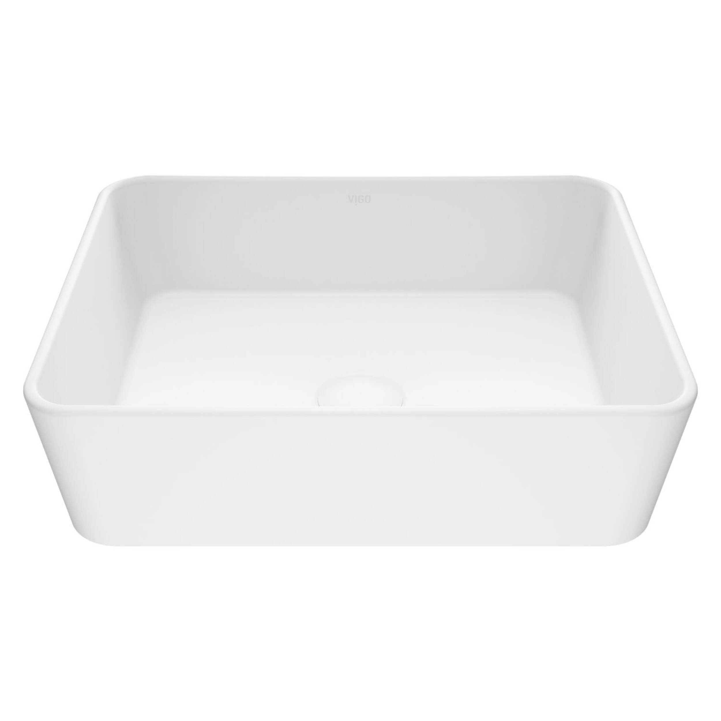 VIGO Marigold Matte Stone™ Rectangular Composite Vessel Bathroom Sink/Basin with Rounded Edges & Deep Bowl, White Overhead_Plunge