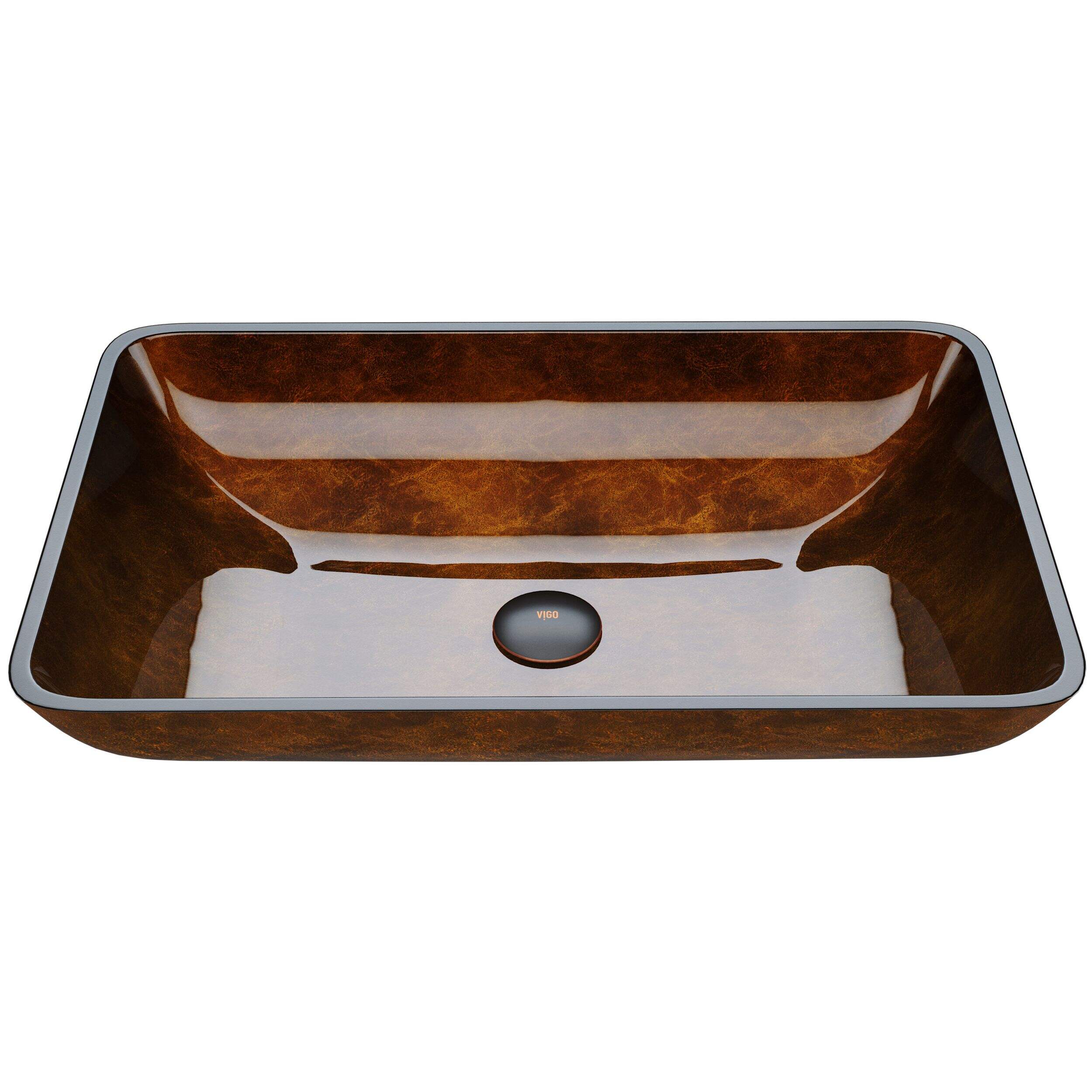 VIGO Glass Rectangular Vessel Bathroom Sink/Basin with Rounded Edges & Deep Bowl, Russet Overhead_Plunge