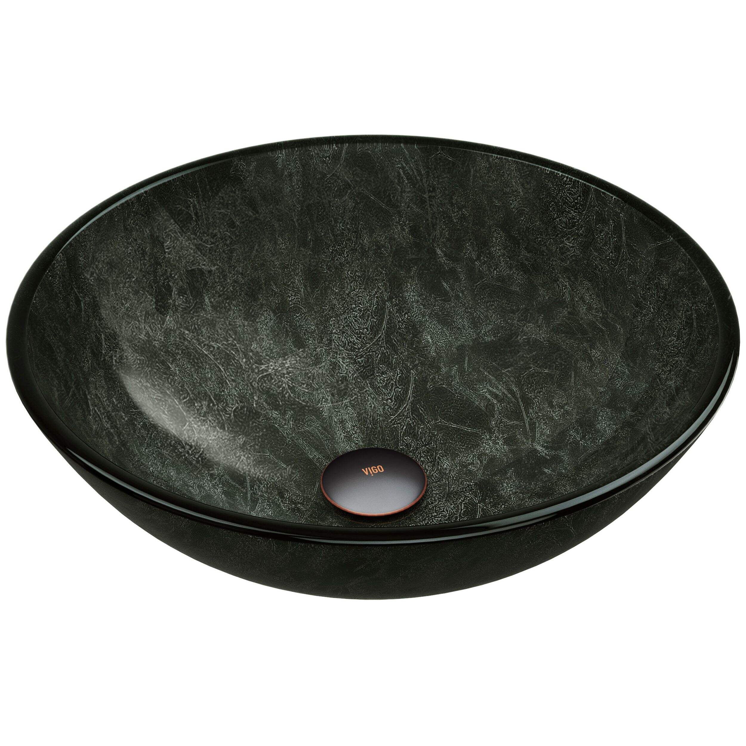 VIGO Glass Round Vessel Bathroom Sink/Basin with Deep Bowl, Gray Overhead_Plunge