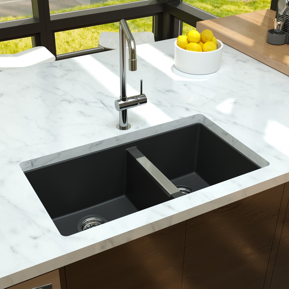 Artika Aquae Top/Undermount Granite Double Bowl Kitchen Sink, Black