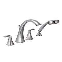 Moen Voss Two Handle Deck Mount Roman Tub Faucet Trim Kit with Single Function Handshower, Valve Required, Chrome Front_Three_Fourths_Angled_Right