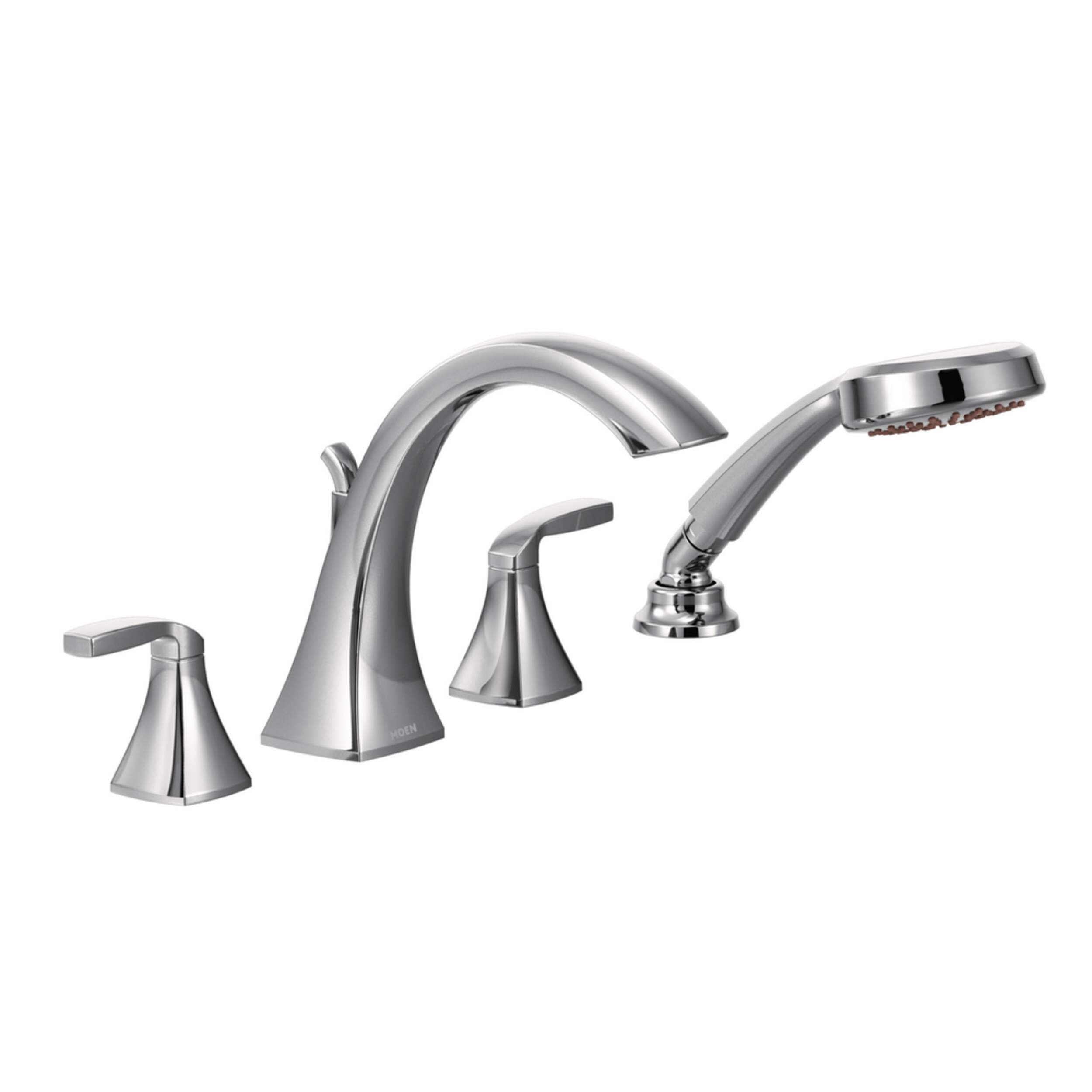 Moen Voss Two Handle Deck Mount Roman Tub Faucet Trim Kit with Single Function Handshower, Valve Required, Chrome Front_Three_Fourths_Angled_Right