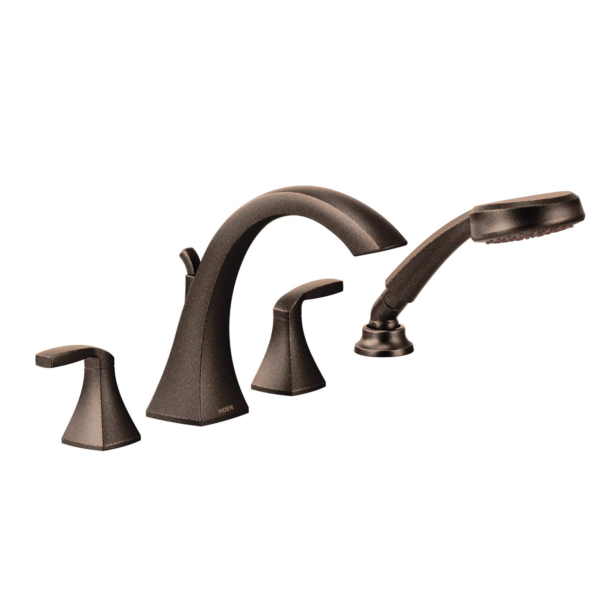 Moen Voss 2-Handle Deck Mount Roman Tub Faucet Trim Kit, Valve Required Including Single Function Handshower, Oil Rubbed Bronze Front_Three_Fourths_Angled_Right