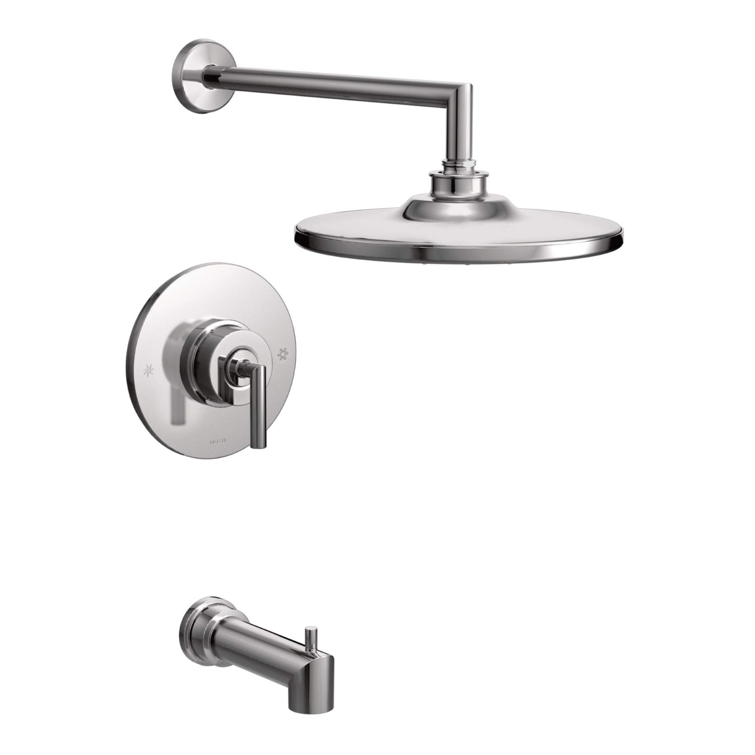 Moen Arris Posi-Temp Pressure Balancing Modern Tub & Shower Trim Kit with 10-in Eco-Performance Rainshower, Valve Required, Chrome Front_Three_Fourths_Angled_Right