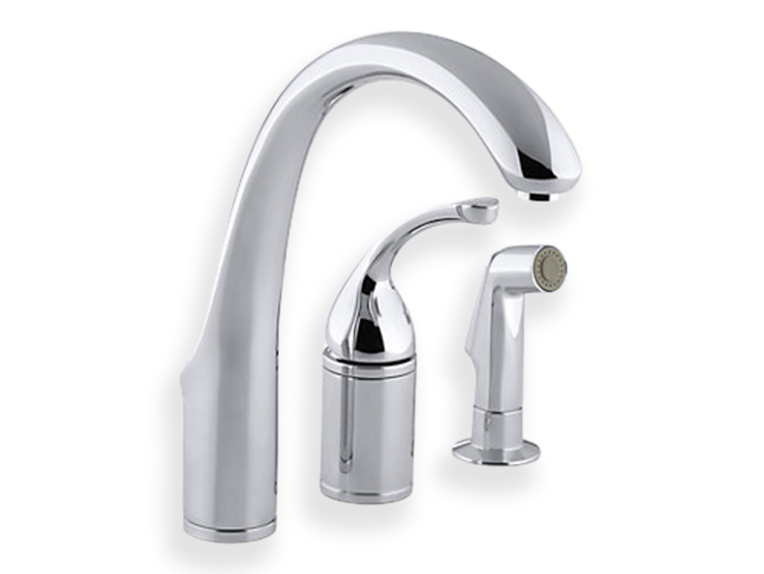 Kohler Forté® Triple Hole Remote Valve Kitchen Sink Faucet with 9-in Spout, Sidespray, Polished Chrome Front_Three_Fourths_Angled_Right