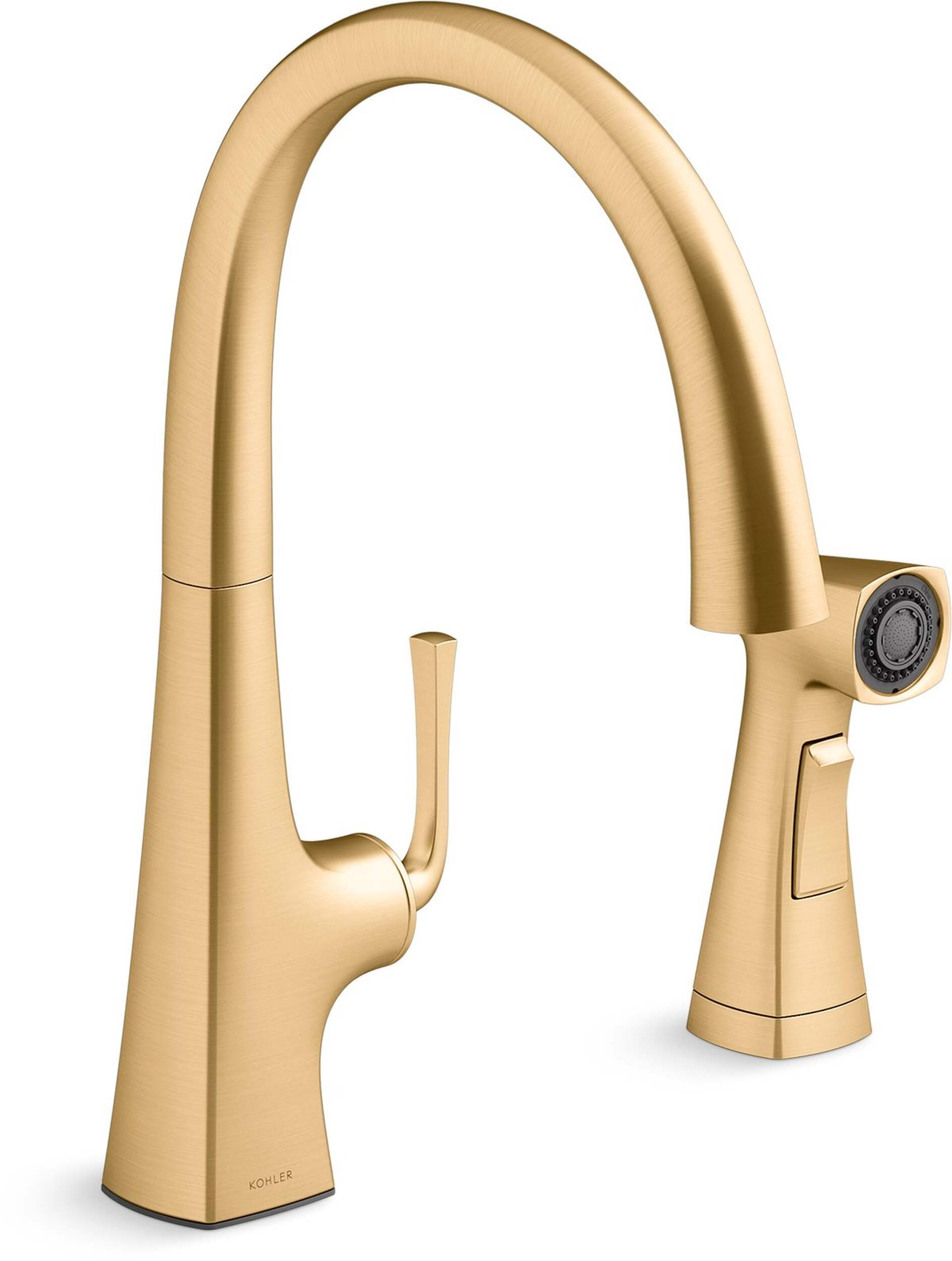 Kohler Graze® Swing Spout Kitchen Sink Faucet with Sidespray, Vibrant Brushed Moderne Brass Front_Three_Fourths_Angled_Right