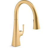 Kohler Graze® Touchless Pull Down Kitchen Sink Faucet with Three Function Sprayhead, Vibrant Brushed Moderne Brass Front_Three_Fourths_Angled_Right
