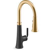 Kohler Tone™ Pull Down Single Handle Kitchen Sink Faucet, Matte Black/ModerneBrass Front_Three_Fourths_Angled_Right