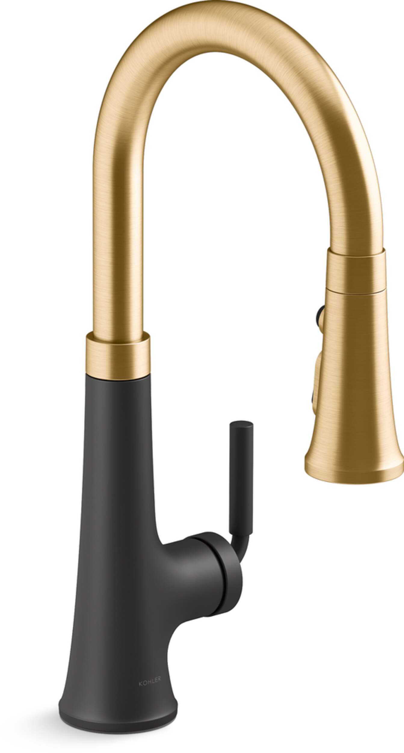 Kohler Tone™ Pull Down Single Handle Kitchen Sink Faucet, Matte Black/ModerneBrass Front_Three_Fourths_Angled_Right