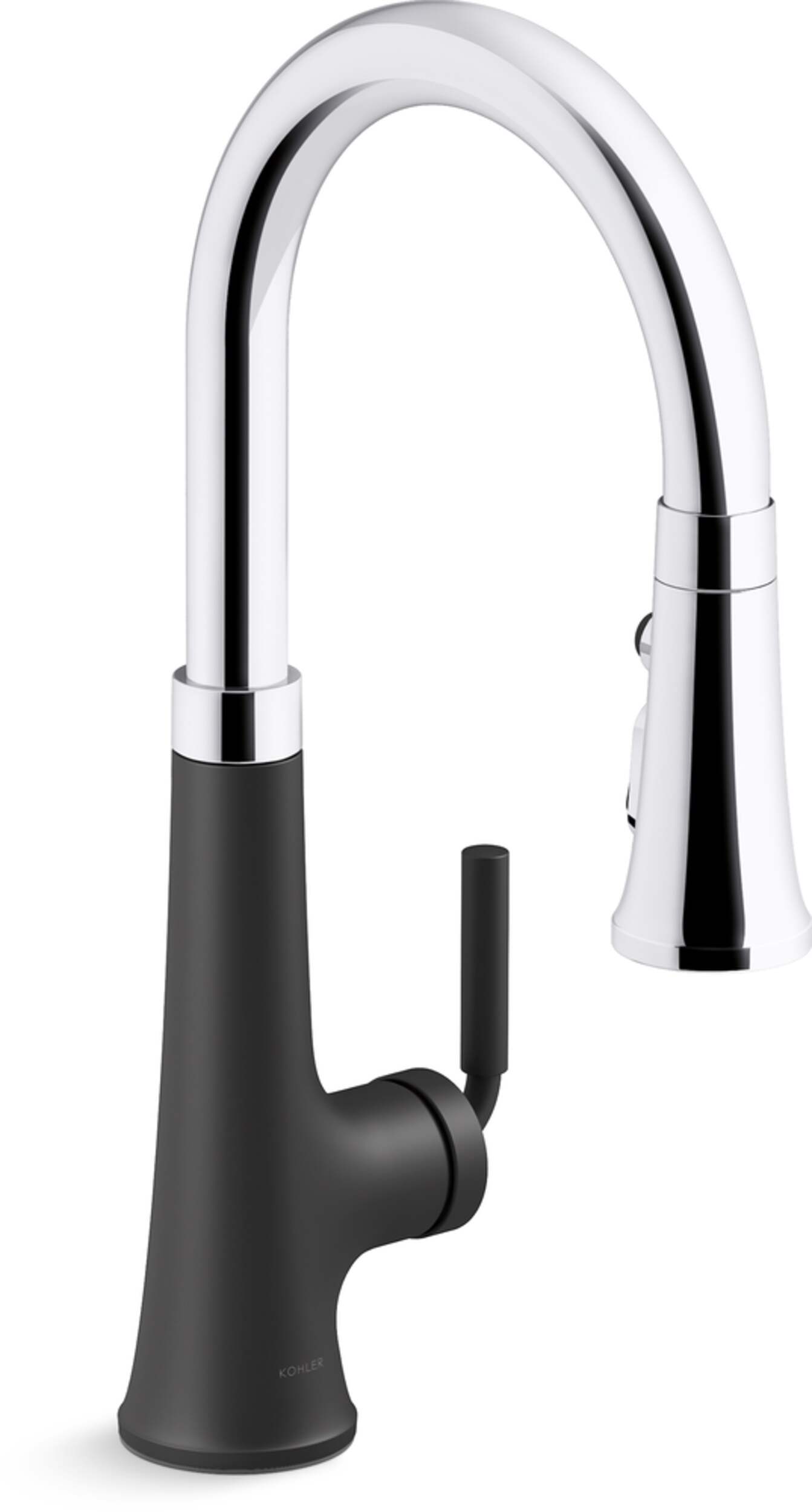 Kohler Tone™ Pull Down Single Handle Kitchen Sink Faucet, Polished Chrome/Matte Black Front_Three_Fourths_Angled_Right