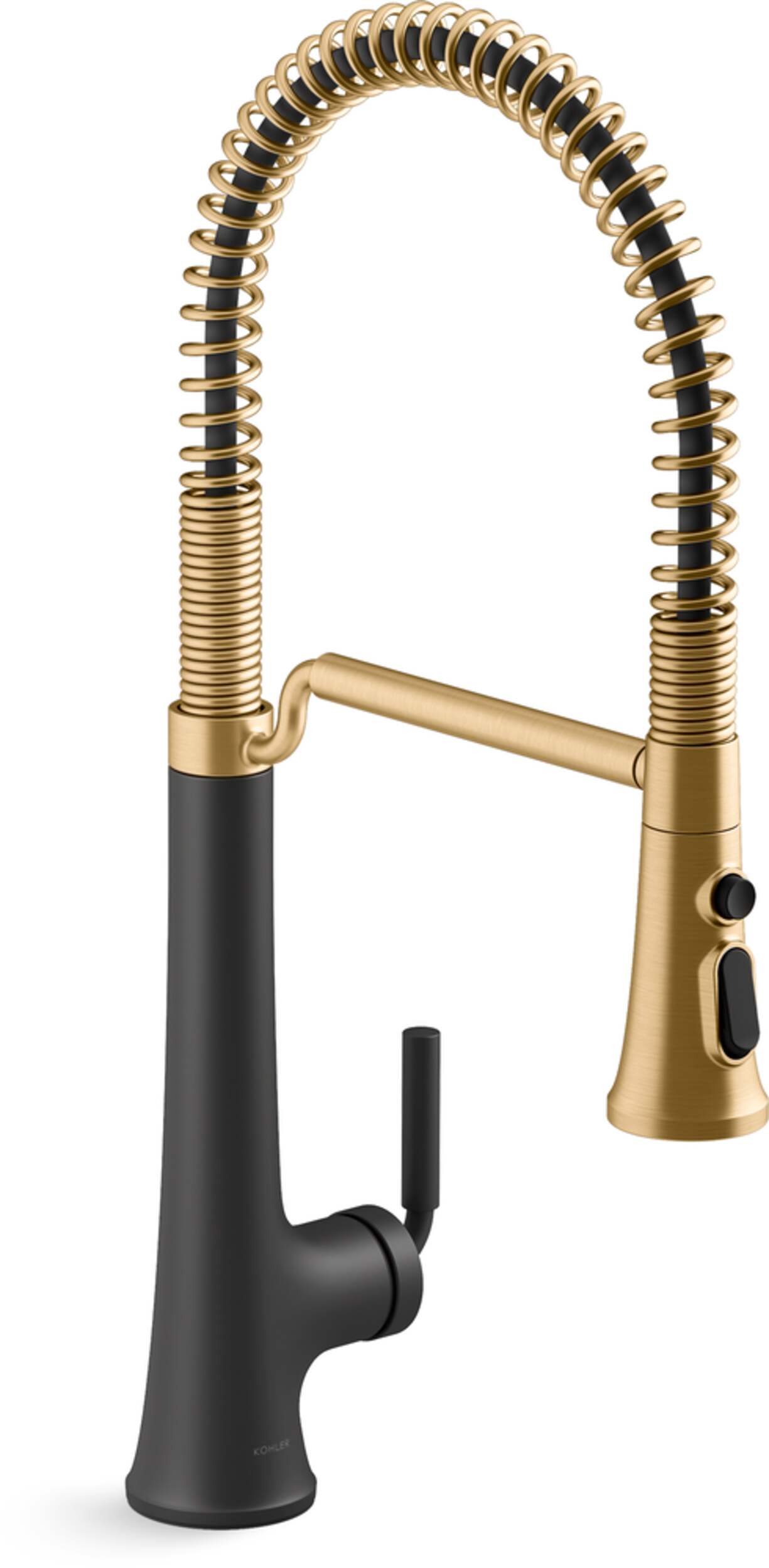 Kohler Tone™ Pull Down Single Handle Semi Professional Kitchen Sink Faucet, Matte Black/ModerneBrass Front_Three_Fourths_Angled_Right